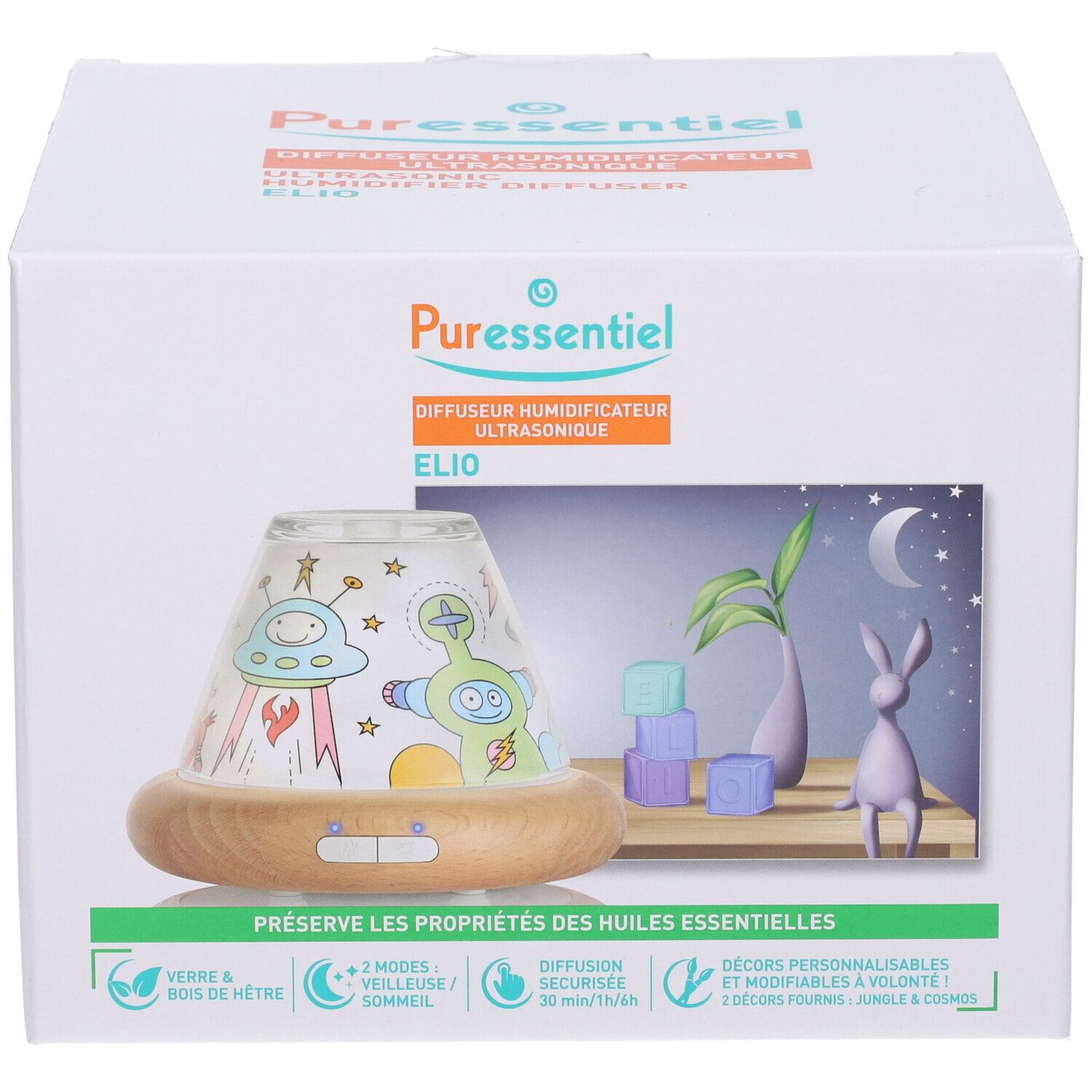 Confezione del diffusore a ultrasuoni Elio di Puressentiel. Immagine del prodotto e testo.