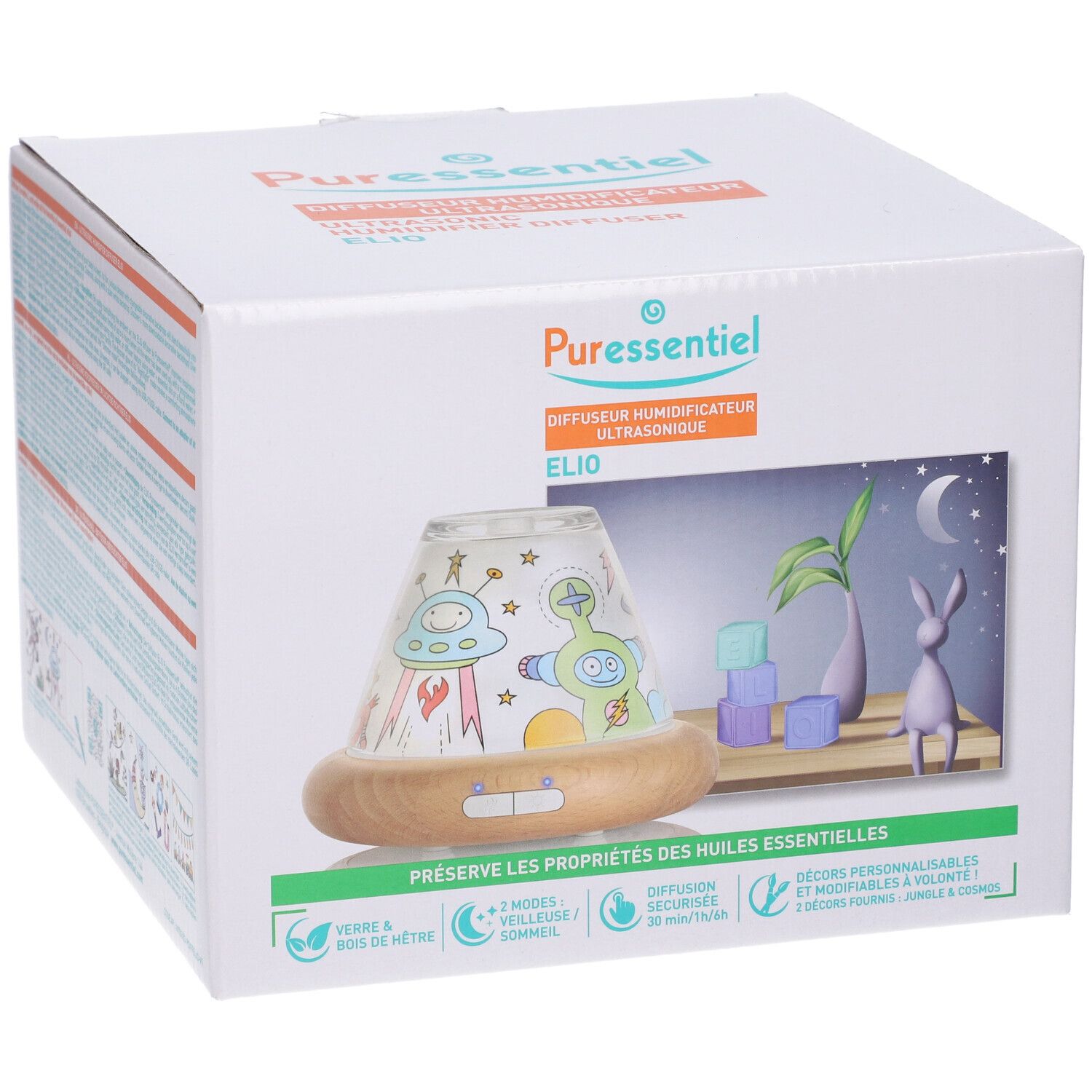 Confezione del diffusore a ultrasuoni Elio di Puressentiel. Immagine del prodotto e testo.