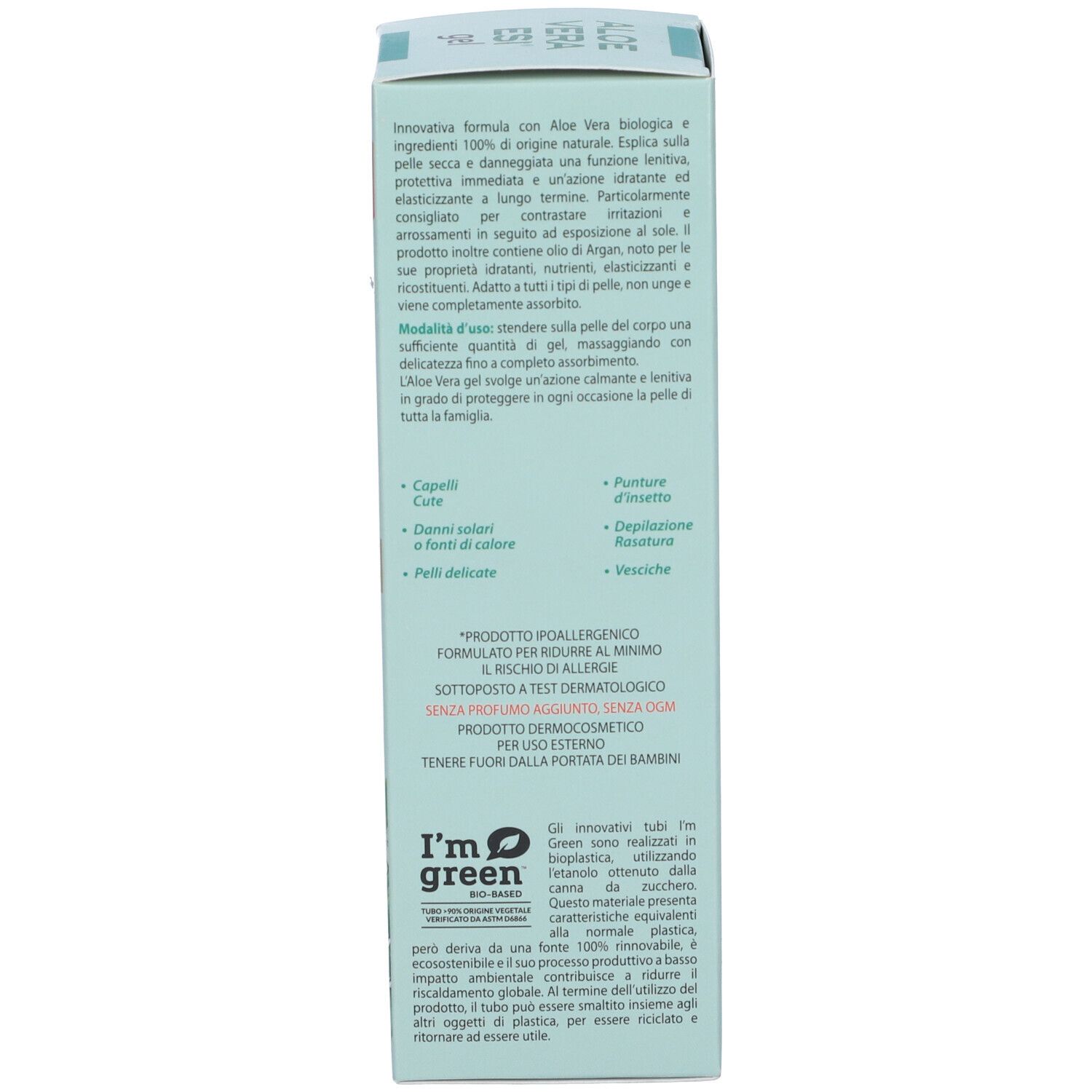 Retro della confezione verde ESI Aloe Vera ESI Gel. Testo: Ingredienti, istruzioni per l'uso, informazioni del produttore.