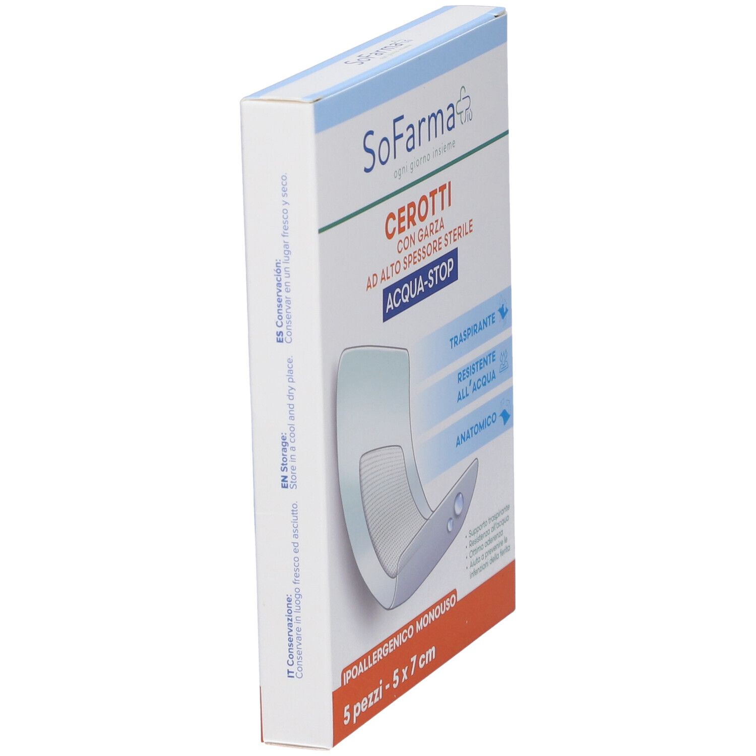 Confezione di cerotti angolata. Scritto: Cerotti, Acqua-Stop, 5x7 cm. Contiene 5 pezzi.