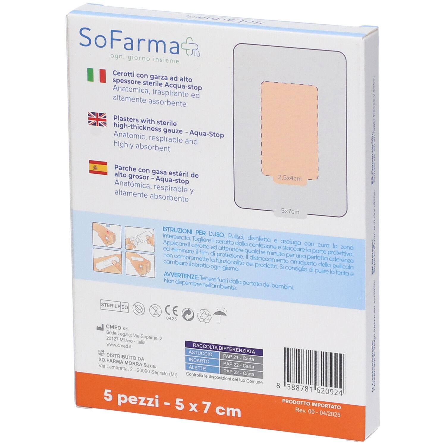 Retro della confezione di cerotti. Istruzioni e informazioni. Dimensione 5x7 cm, 5 pezzi.