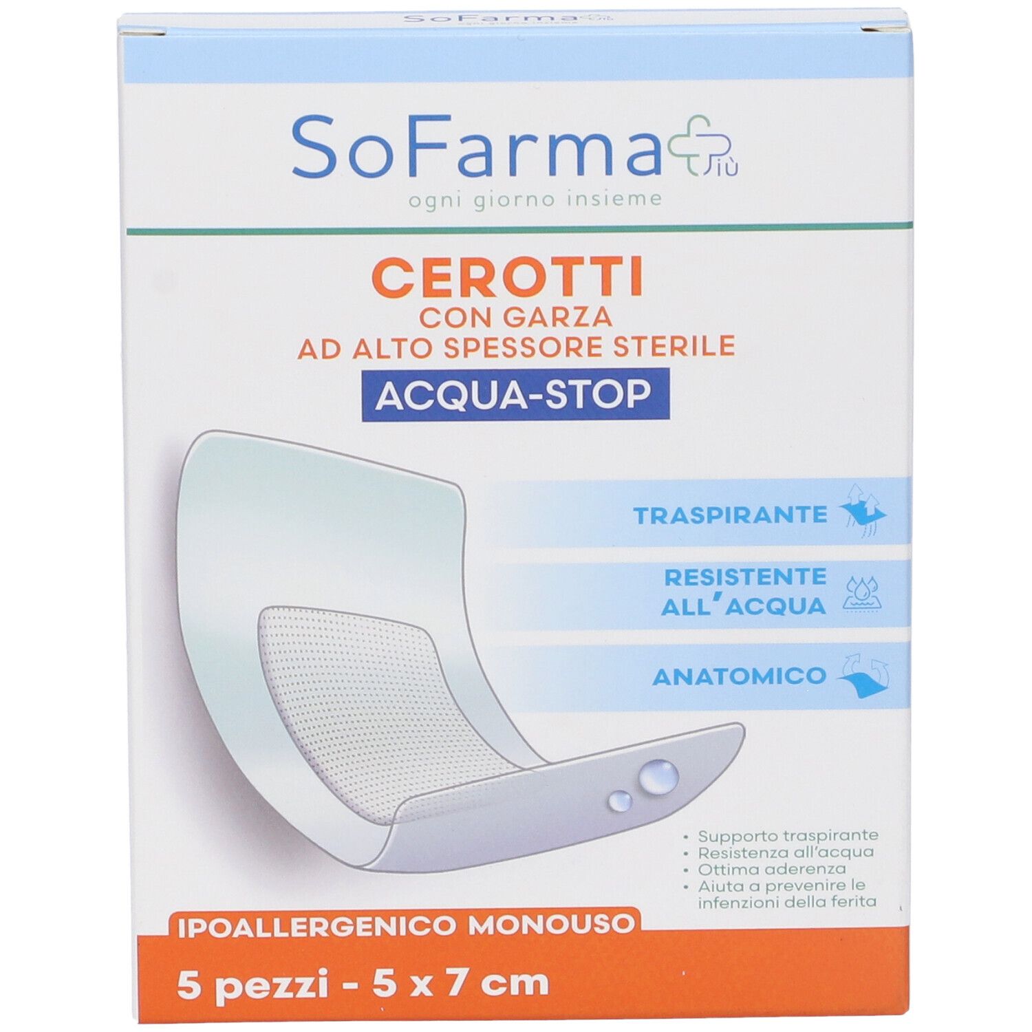 Confezione di cerotti. Contiene 5 pezzi, 5x7 cm. Scritto: Cerotti, Acqua-Stop, ipoallergenico.