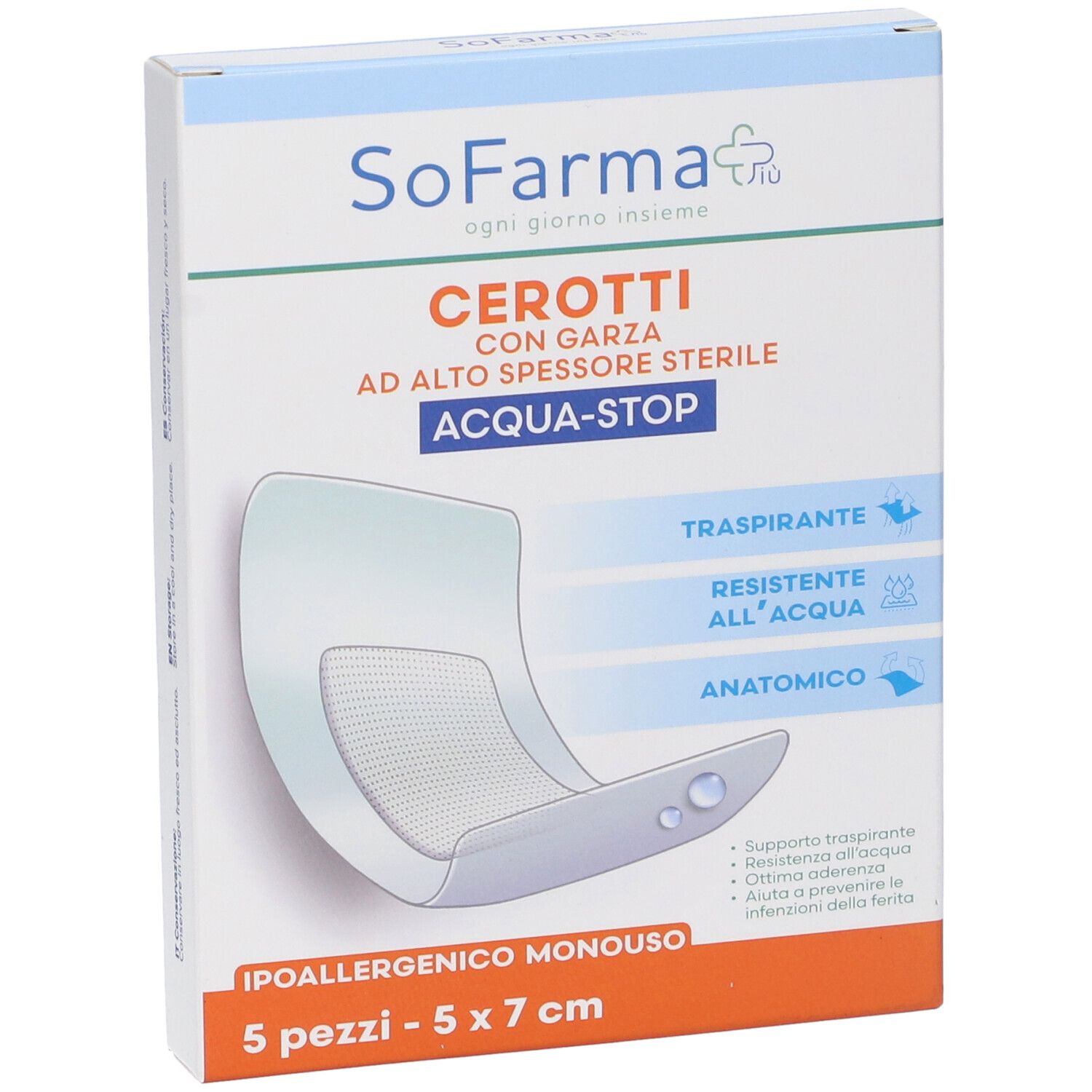 Confezione di cerotti. Contiene 5 pezzi, 5x7 cm. Scritto: Cerotti, Acqua-Stop, ipoallergenico.