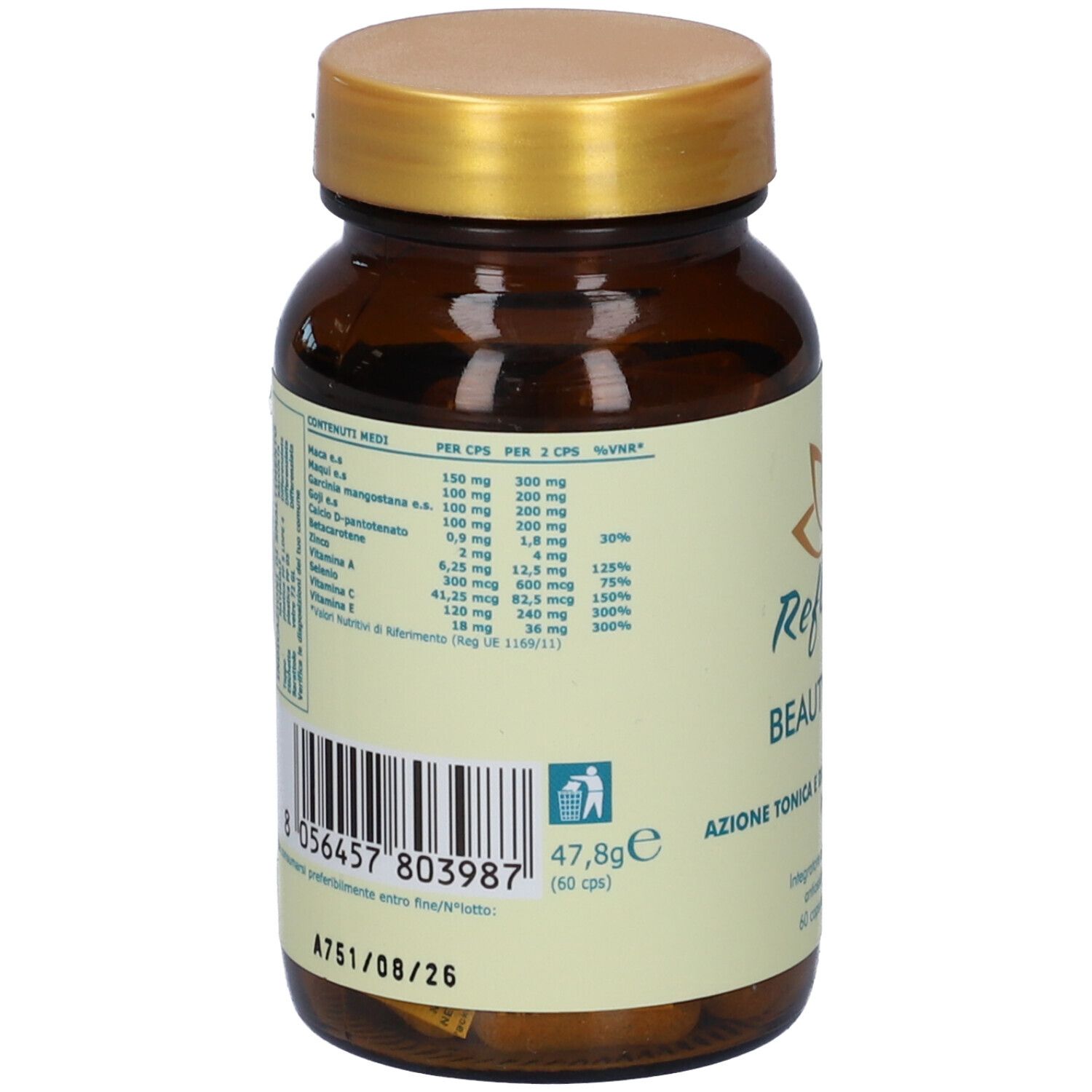 Retro del flacone. Etichetta con informazioni nutrizionali, codice a barre e simbolo di riciclaggio. Peso: 47,8g (60 capsule).