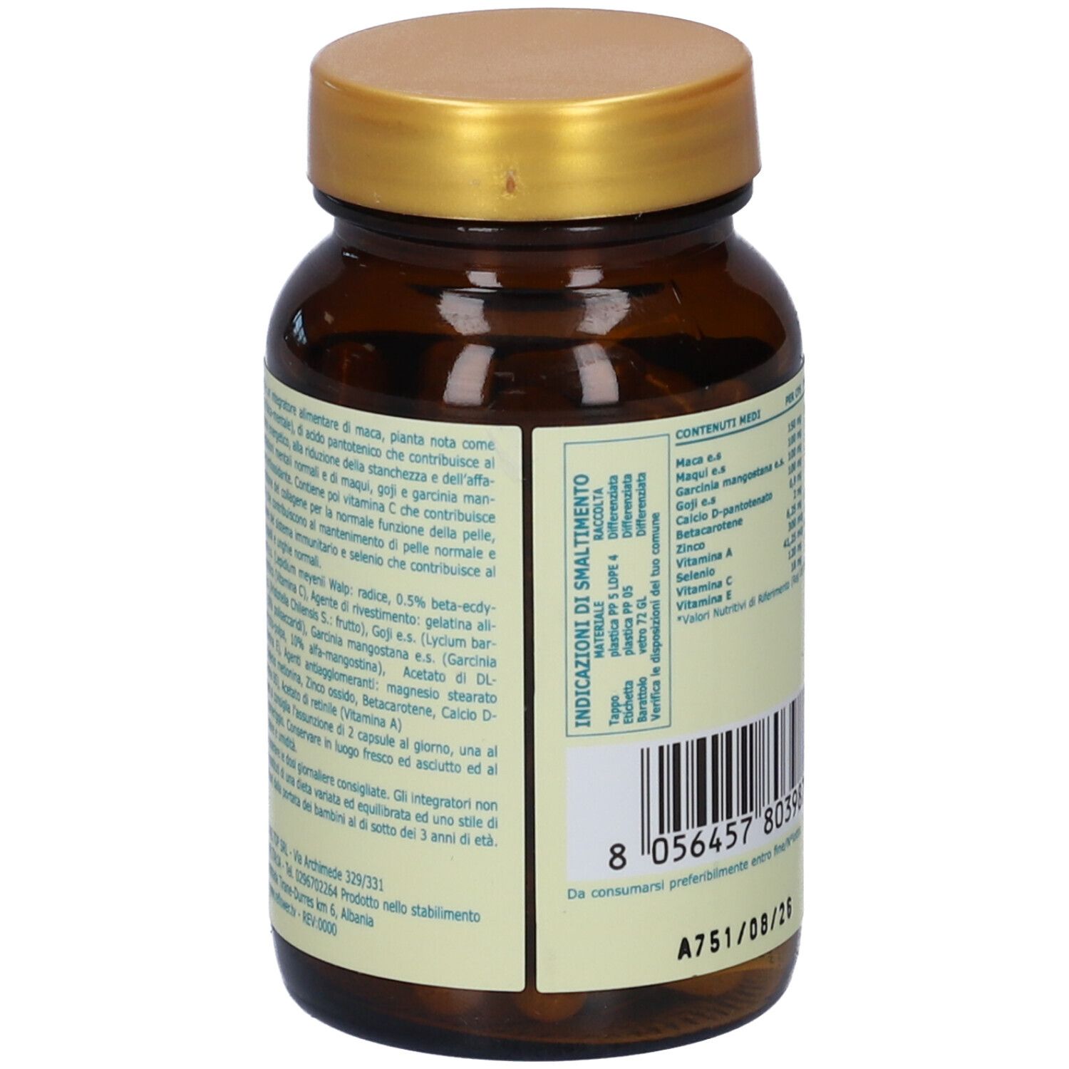 Retro del flacone. Etichetta con ingredienti e istruzioni per l'uso. Testo in italiano.
