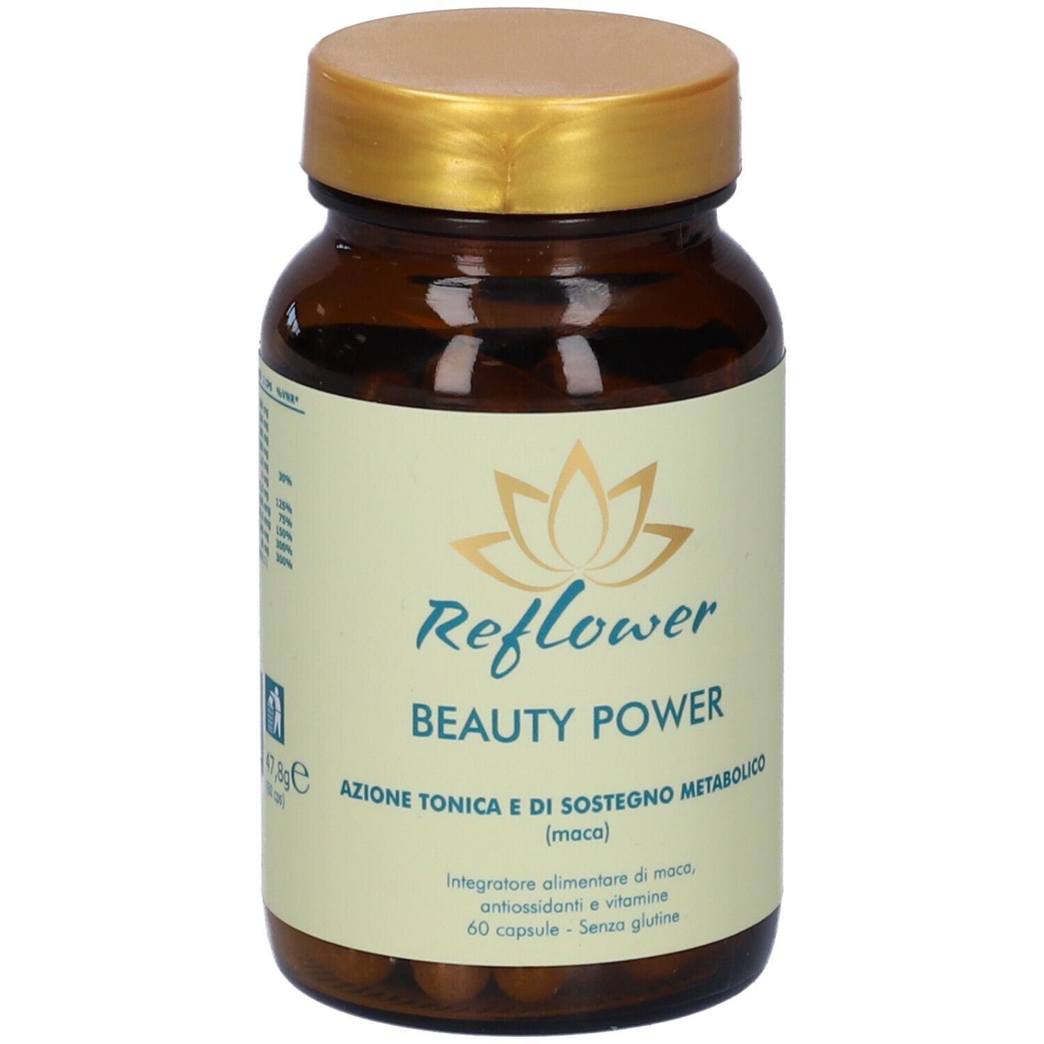 Flacone di vetro marrone con tappo dorato. Etichetta "Reflower Beauty Power" e logo floreale. 60 capsule.
