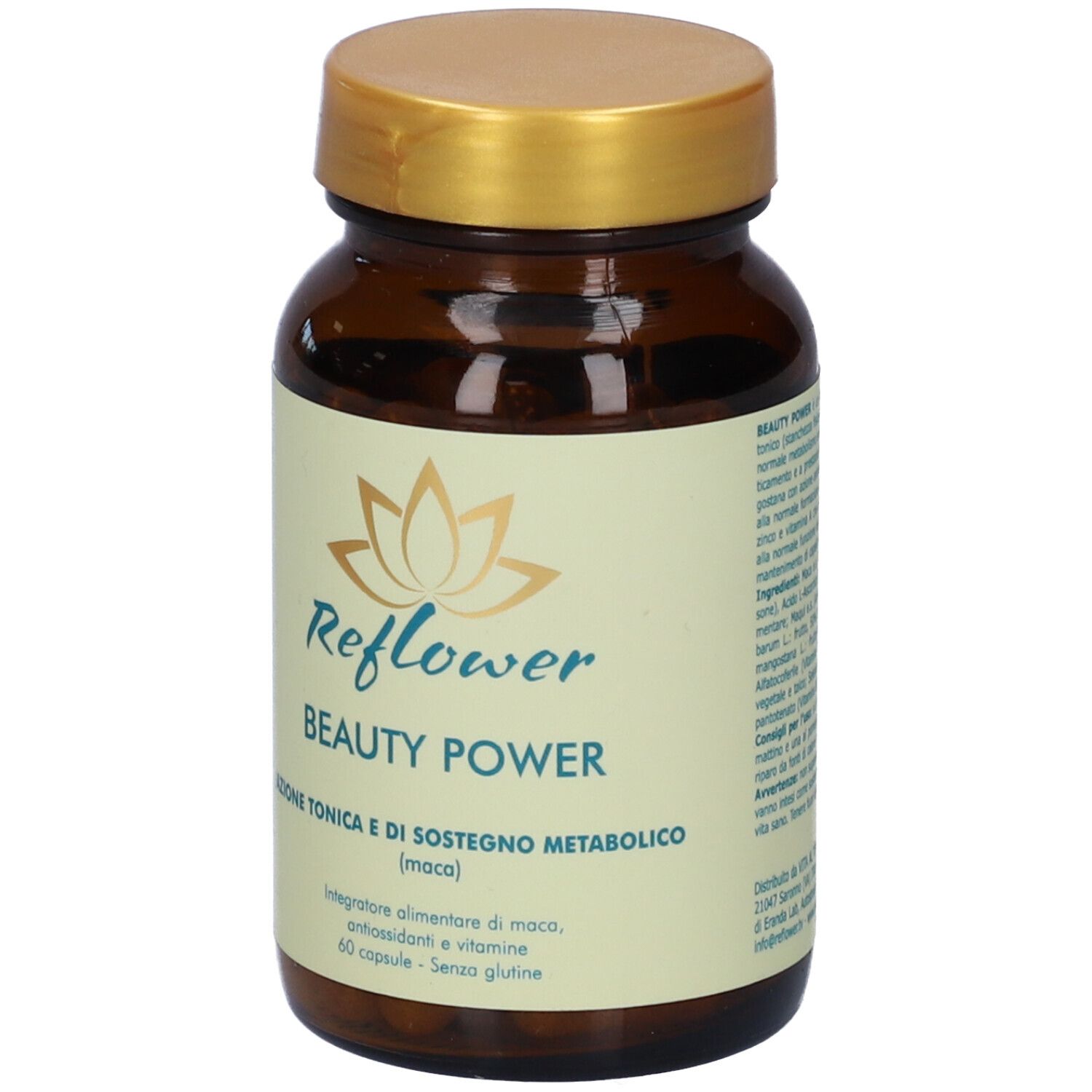 Flacone di vetro marrone con tappo dorato. Etichetta "Reflower Beauty Power" e logo floreale. 60 capsule.