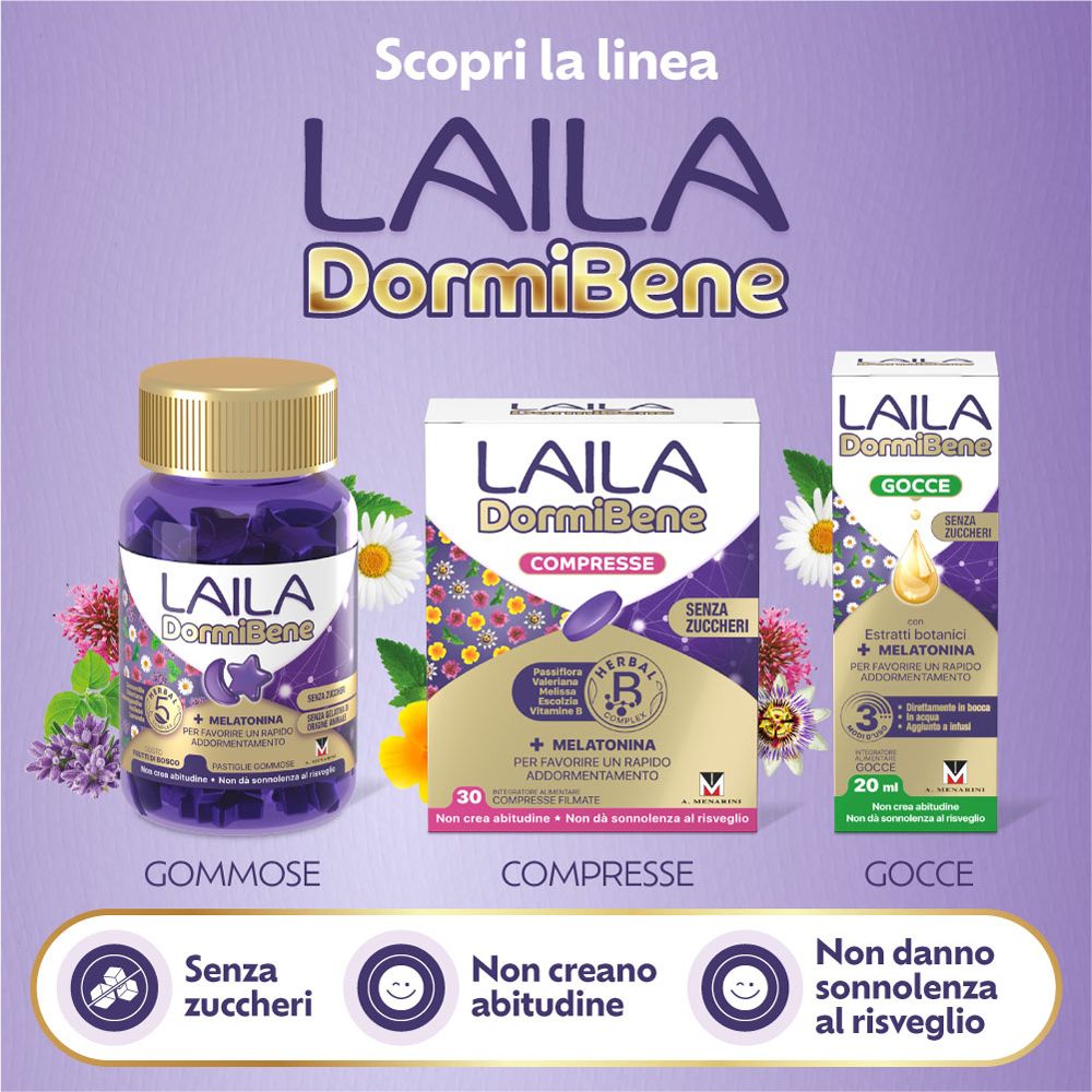 Linea di prodotti: LAILA DormiBene. Gommose, compresse, gocce. Senza zuccheri, non crea abitudine, non dà sonnolenza.