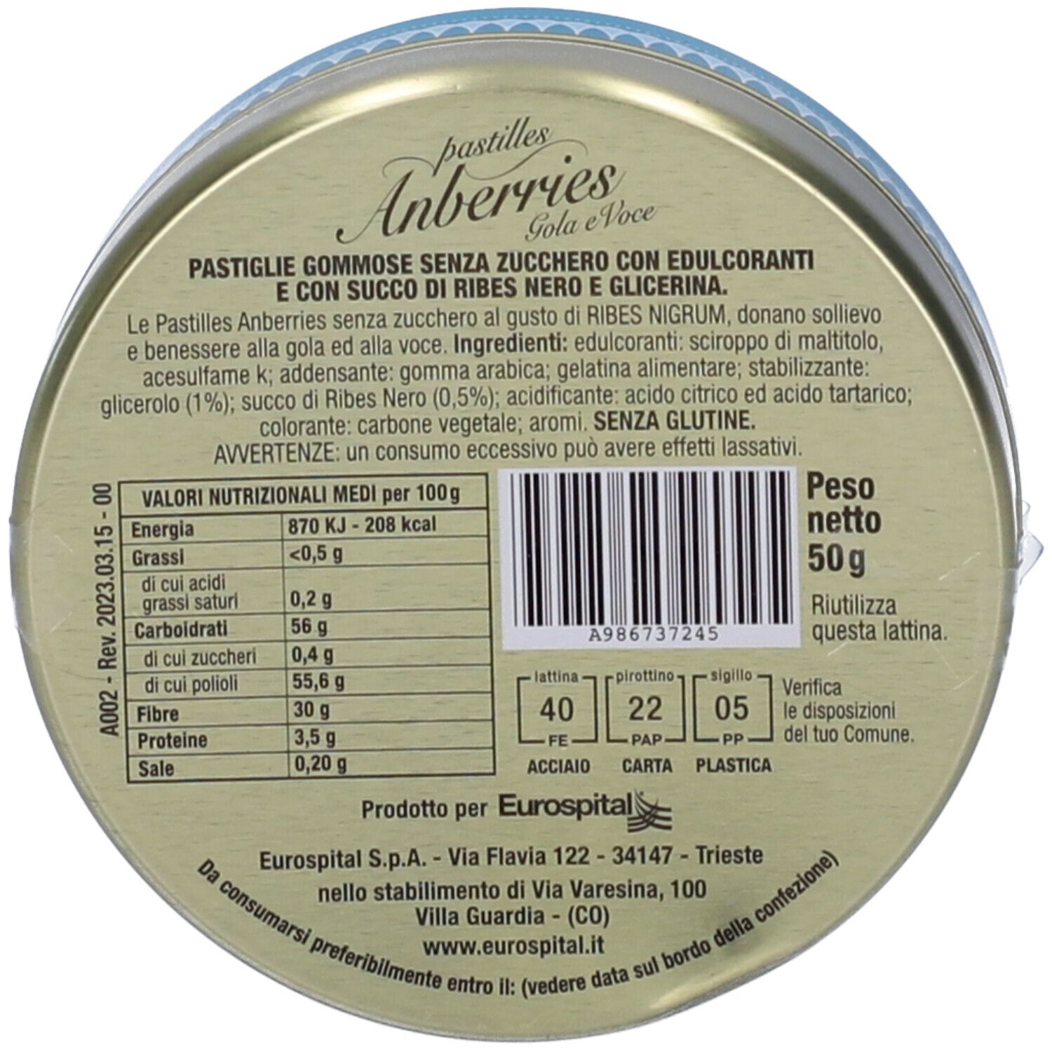 Retro della scatola 'Anberries'. Testo con informazioni nutrizionali e ingredienti. Peso: 50g. Codice a barre e simboli di riciclaggio.