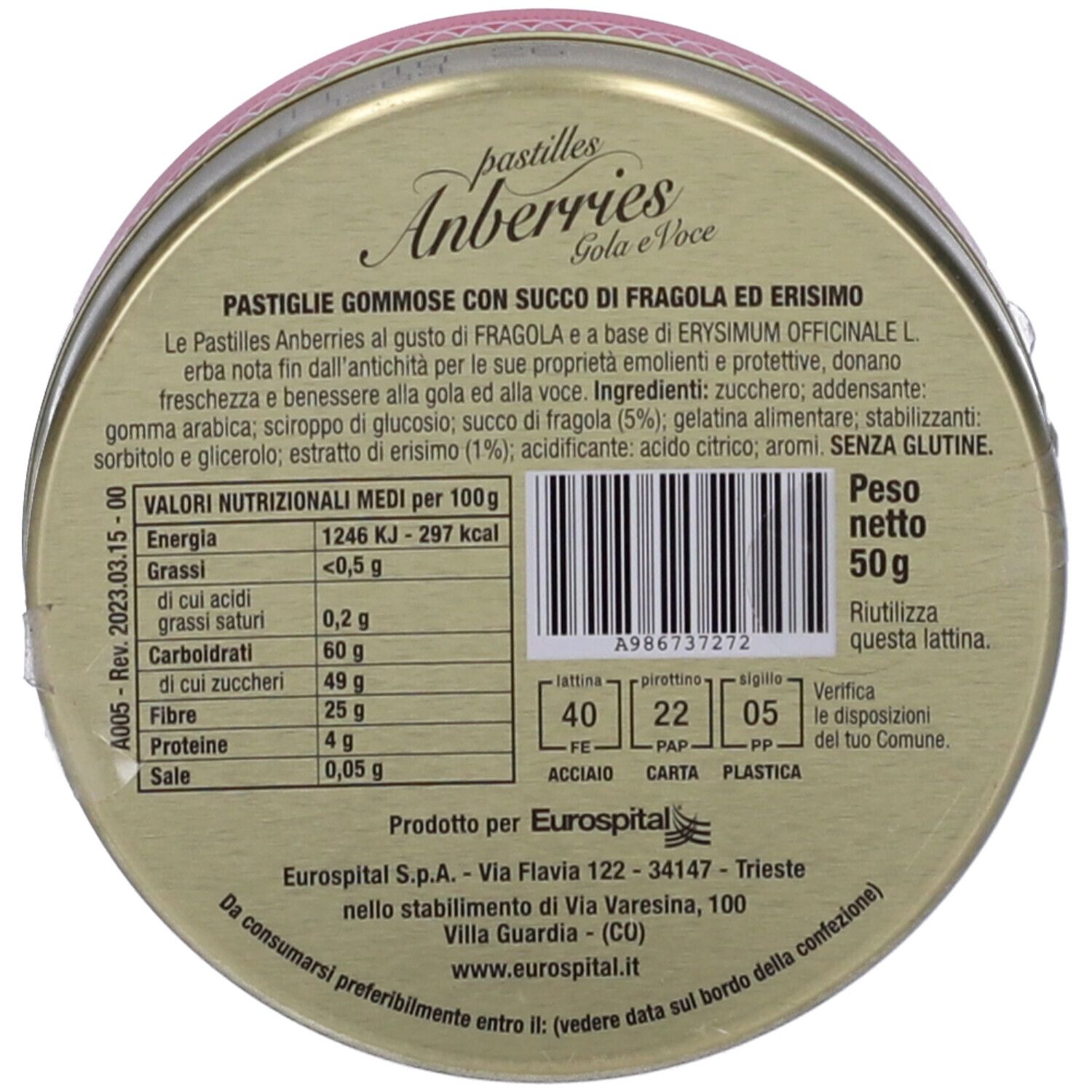 Fondo scatola rotondo con testo e informazioni nutrizionali. Scritta: Pastiglie gommose con succo di fragola ed erisimo. Peso: 50g.