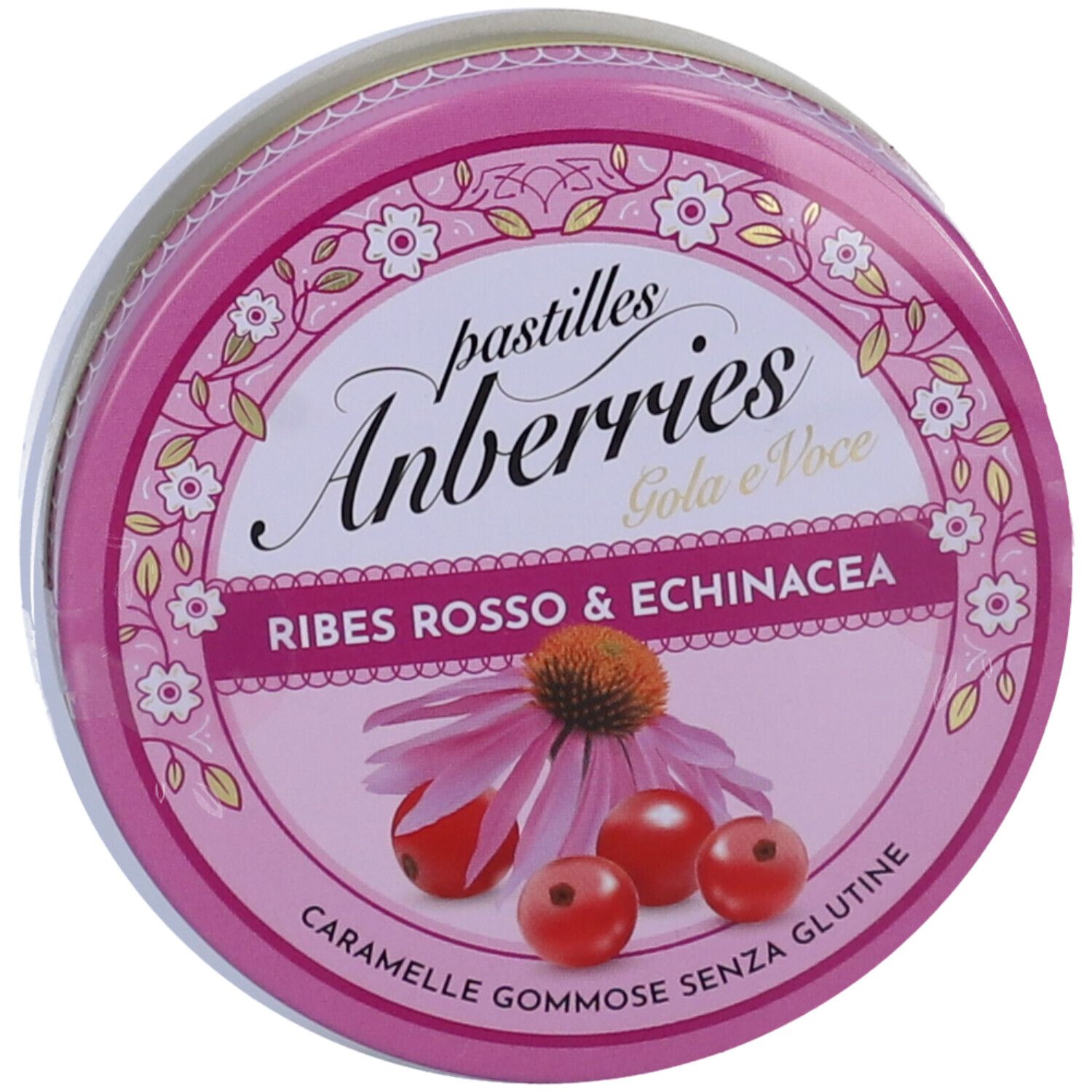 Scatola rotonda rosa. Scritta: pastilles Anberries Gola e Voce Ribes Rosso & Echinacea. Illustrazione di fiori e bacche.