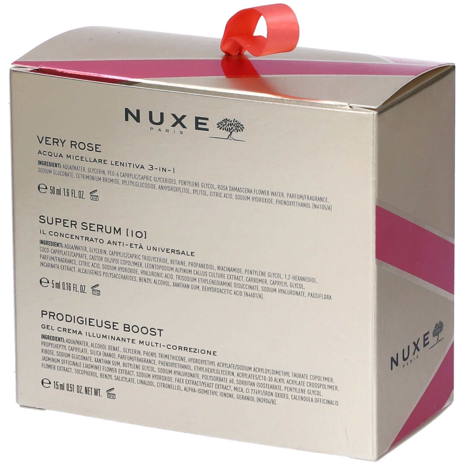 Retro della confezione regalo. Testo con ingredienti e nomi dei prodotti: Very Rose, Super Serum [10], Prodigieuse Boost. Logo Nuxe.