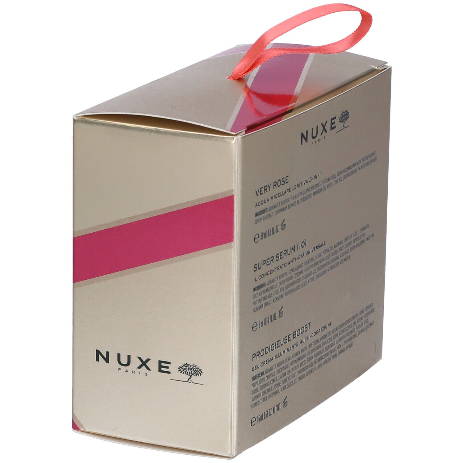 Confezione regalo dorata e rosa con nastro. Logo Nuxe. Testo: Very Rose, Super Serum [10], Prodigieuse Boost.