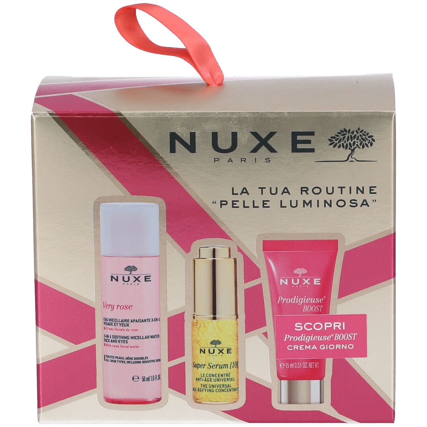 Confezione regalo con tre prodotti Nuxe. Contiene: Very Rose, Super Serum [10], Prodigieuse Boost. Dorata con accenti rosa.