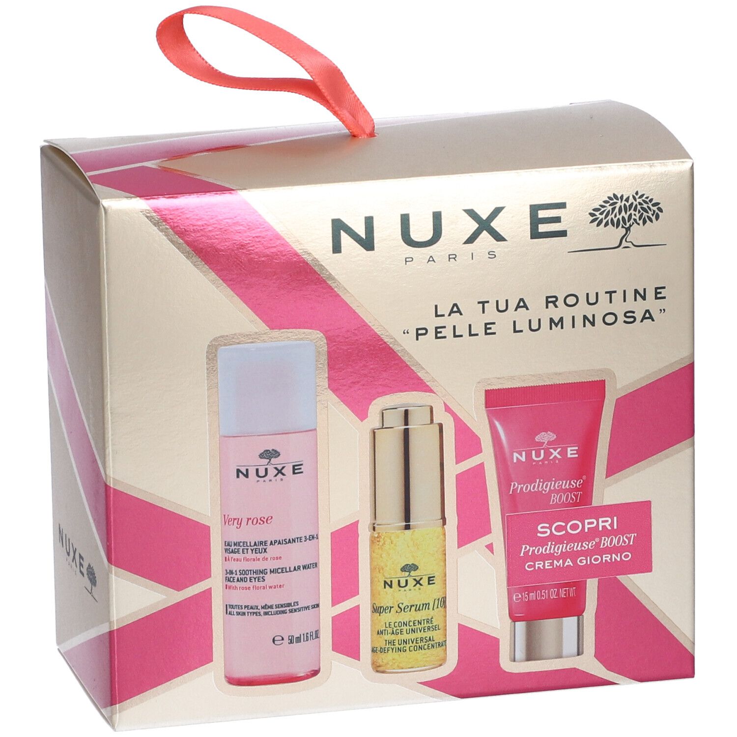 Confezione regalo con tre prodotti Nuxe. Contiene: Very Rose, Super Serum [10], Prodigieuse Boost. Dorata con accenti rosa.