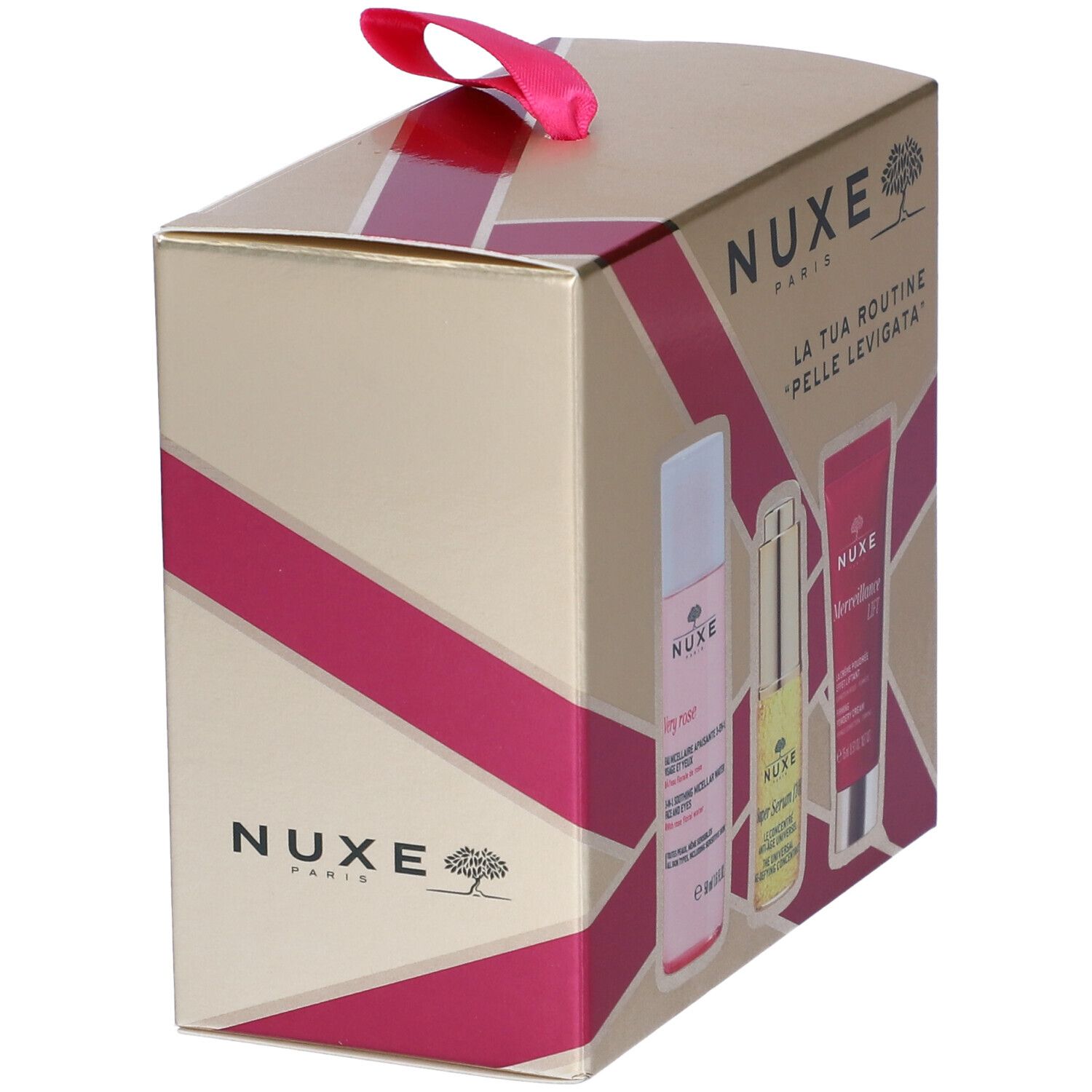 Confezione regalo NUXE con tre prodotti. Imballaggio rosa e dorato con fiocco rosa. Vista laterale.