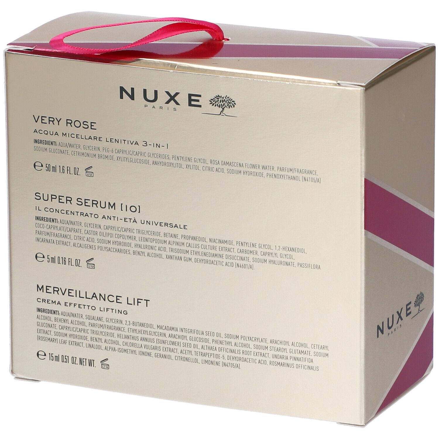 Retro della confezione regalo NUXE. Testo con ingredienti e nomi dei prodotti. Imballaggio dorato.