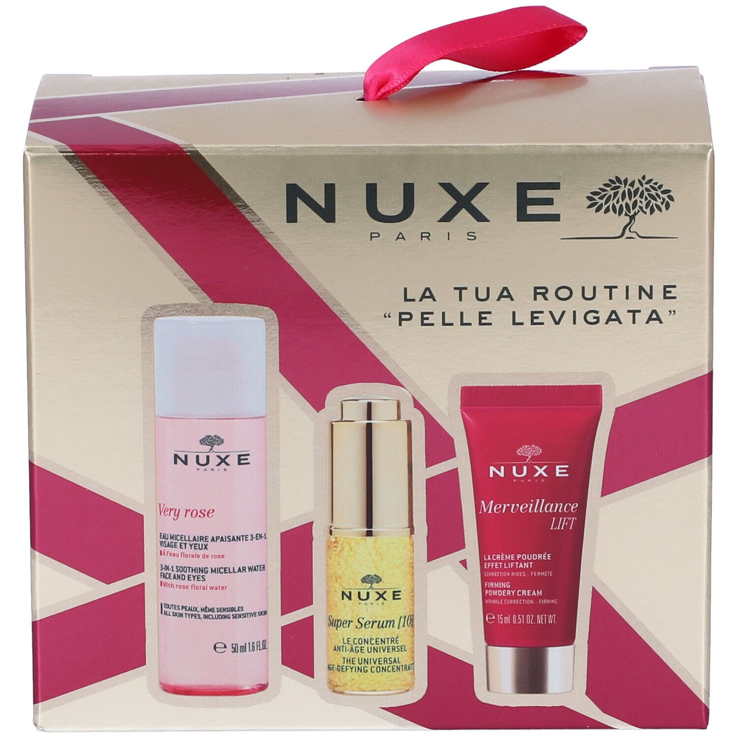 Confezione regalo NUXE con tre prodotti: flacone rosa, flacone dorato e tubo rosso. Imballaggio dorato.