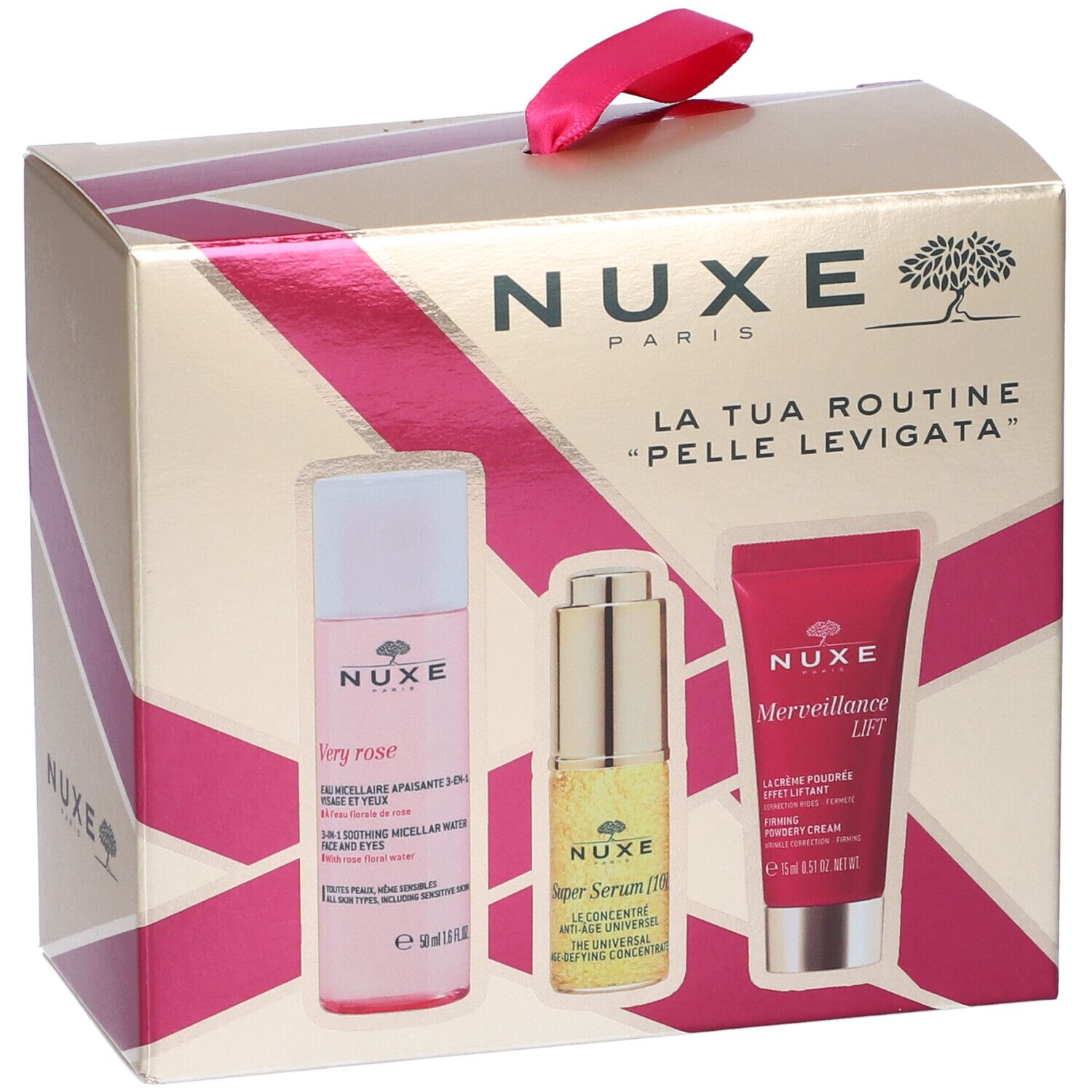 Confezione regalo NUXE con tre prodotti: flacone rosa, flacone dorato e tubo rosso. Imballaggio dorato.