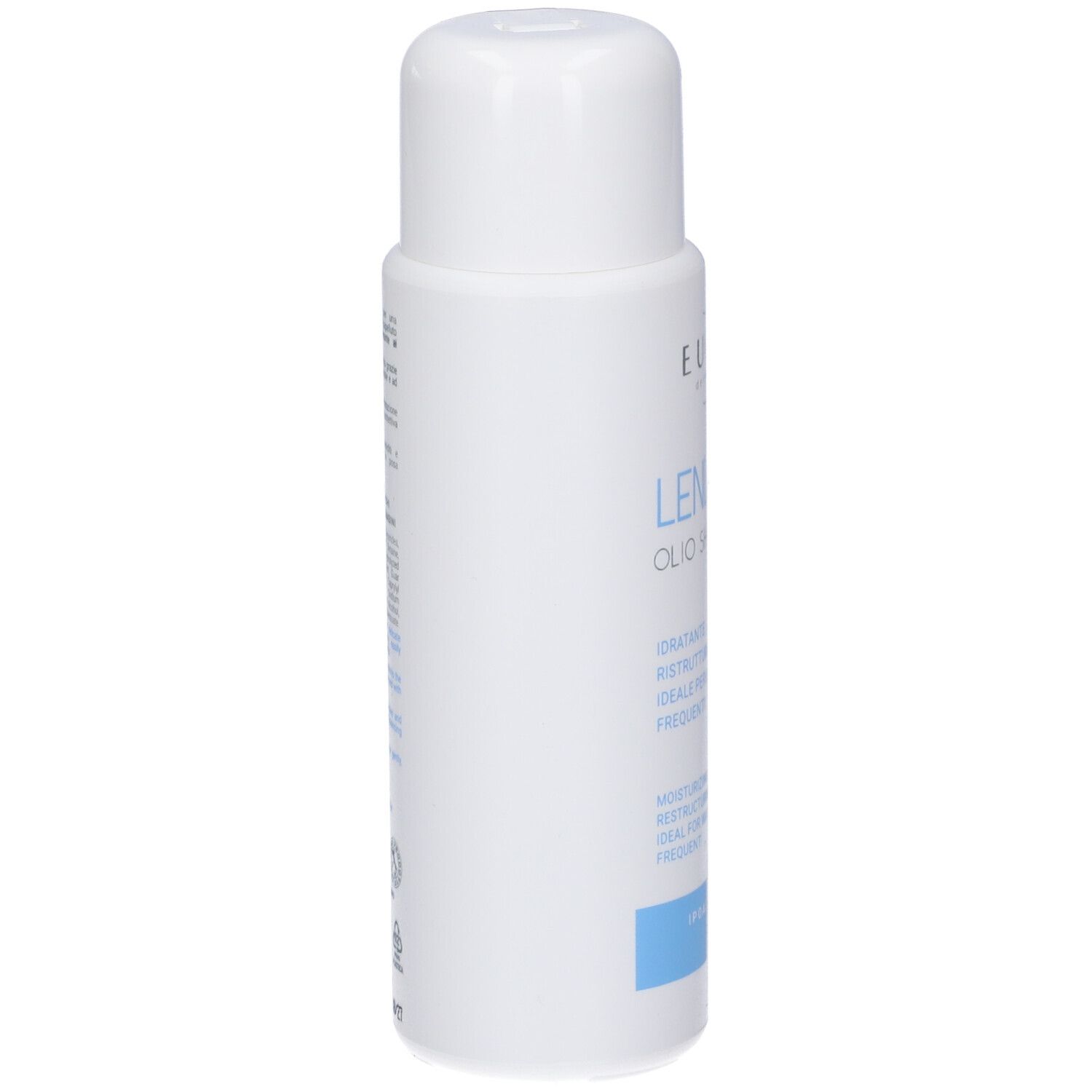 Flacone bianco con etichetta blu. Scritta: Lenderm Olio Shampoo, Eucare. Testo in italiano e inglese.