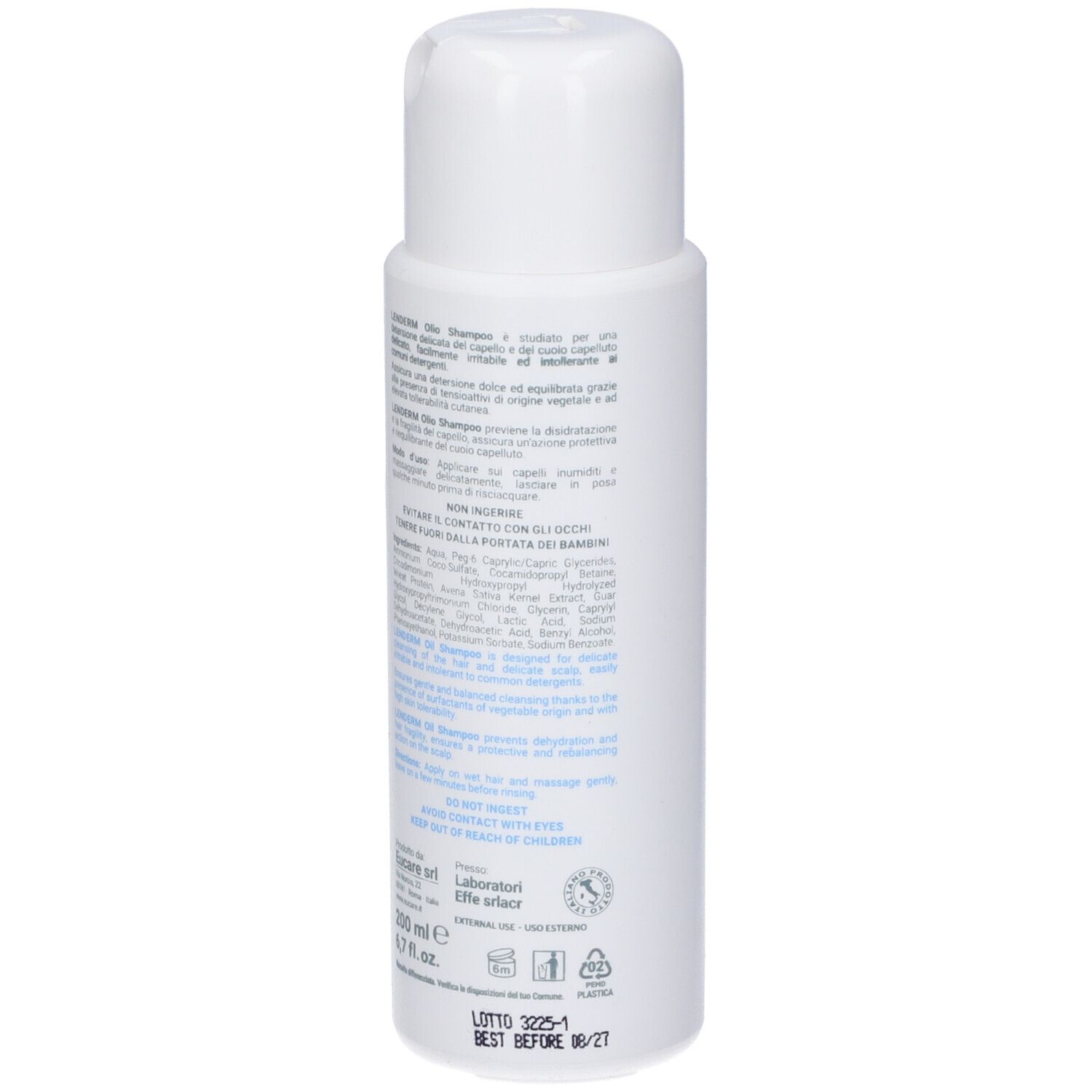 Flacone bianco con testo. Scritta: Lenderm Olio Shampoo, Eucare. Testo in italiano e inglese. Retro.