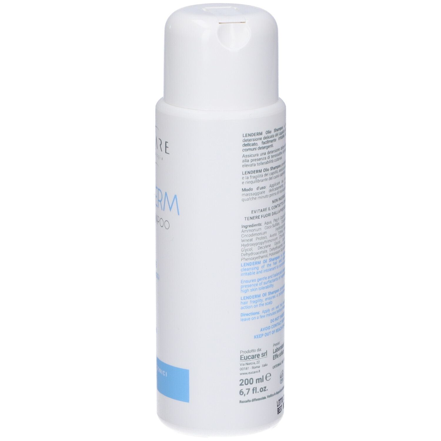 Flacone bianco con testo. Scritta: Lenderm Olio Shampoo, Eucare. Testo in italiano e inglese. Retro.