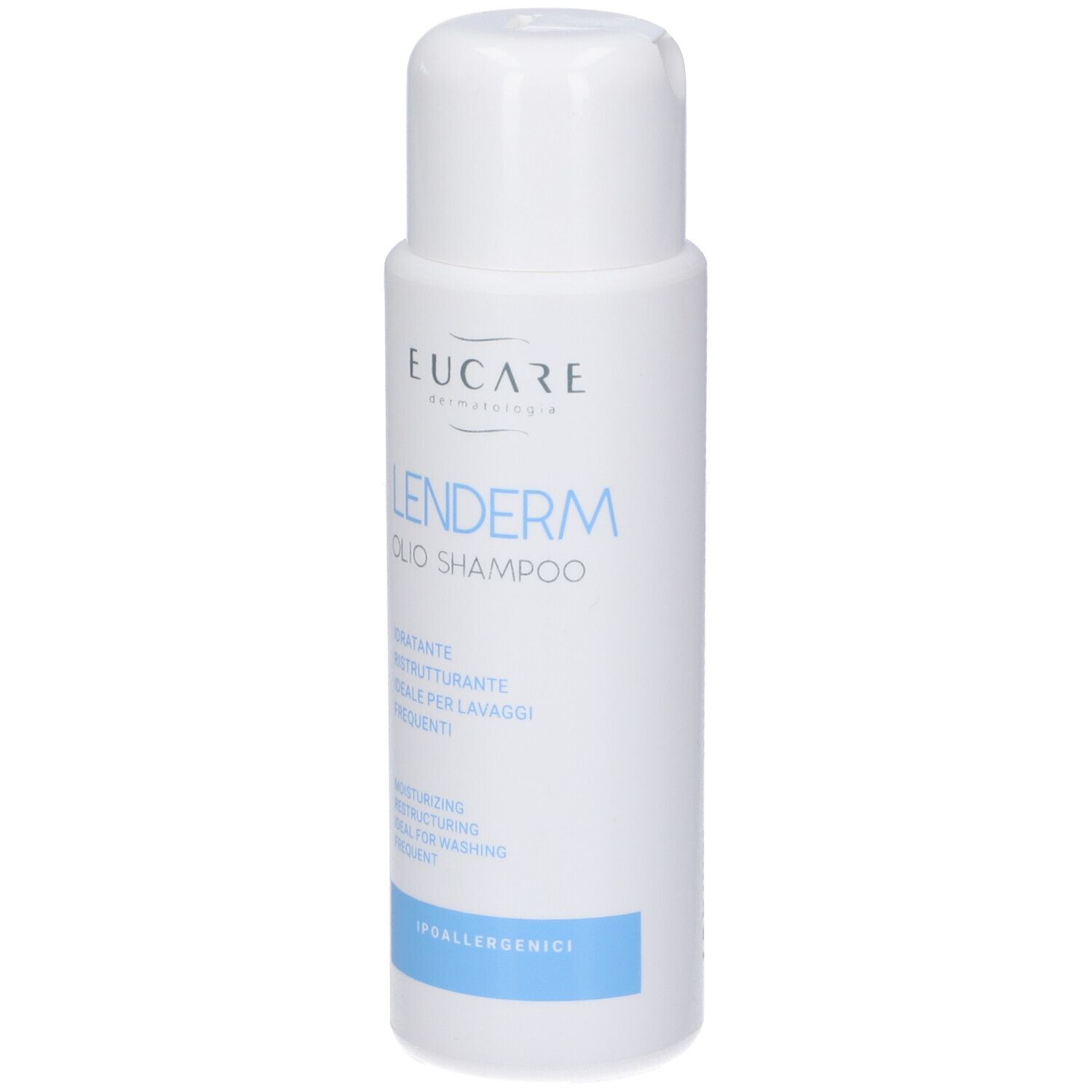 Flacone bianco con etichetta blu. Scritta: Lenderm Olio Shampoo, Eucare. Testo in italiano e inglese.