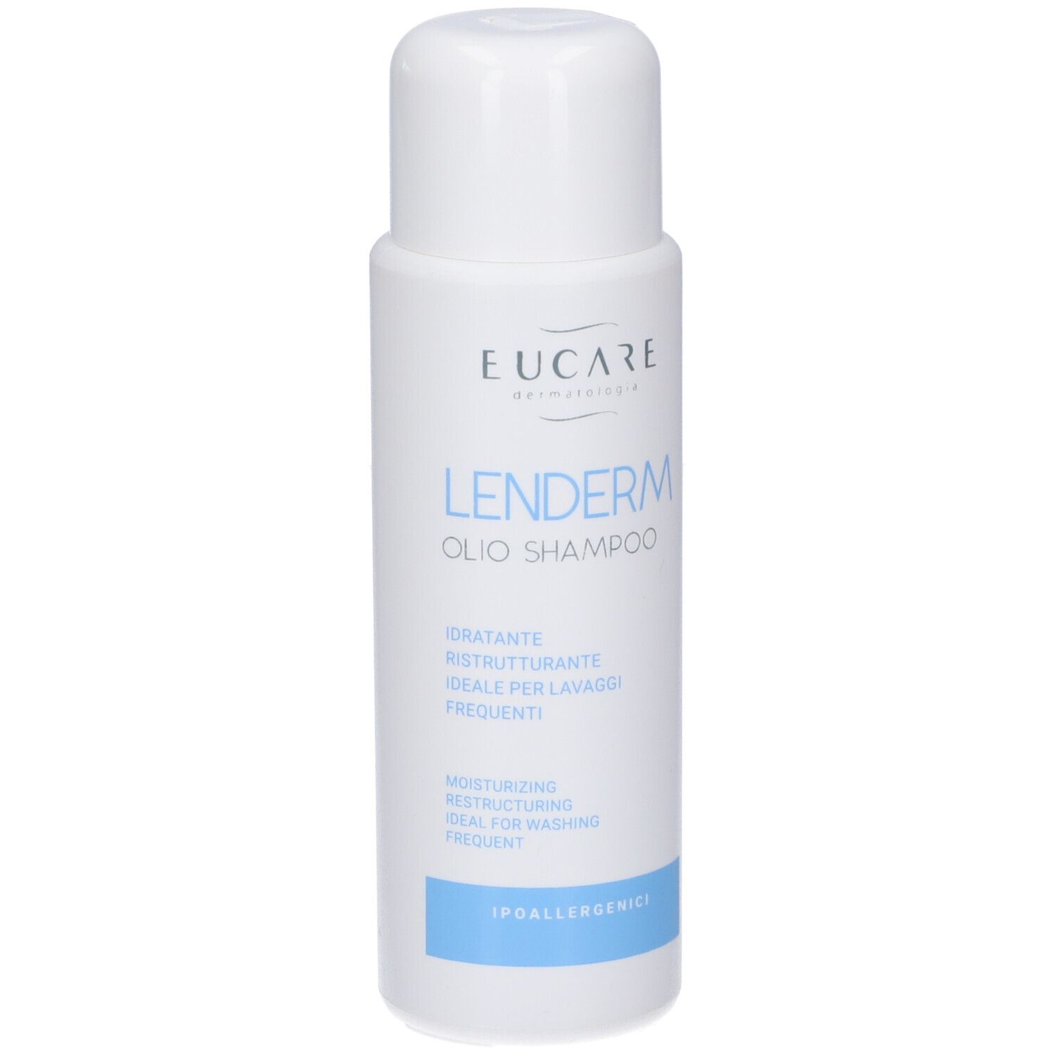 Flacone bianco con etichetta blu. Scritta: Lenderm Olio Shampoo, Eucare. Testo in italiano e inglese.