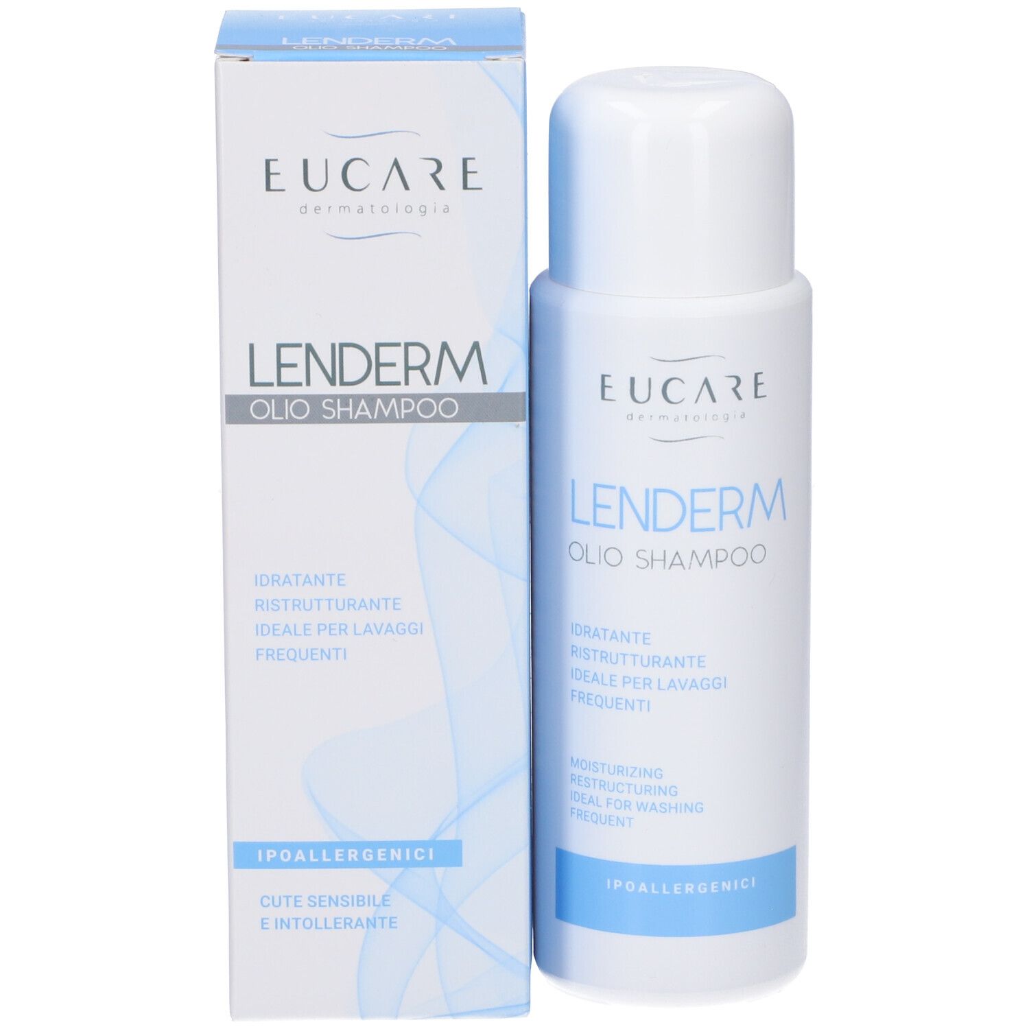 Confezione del prodotto con flacone. Scritta: Lenderm Olio Shampoo, Eucare. Testo in italiano e inglese. Scatola.