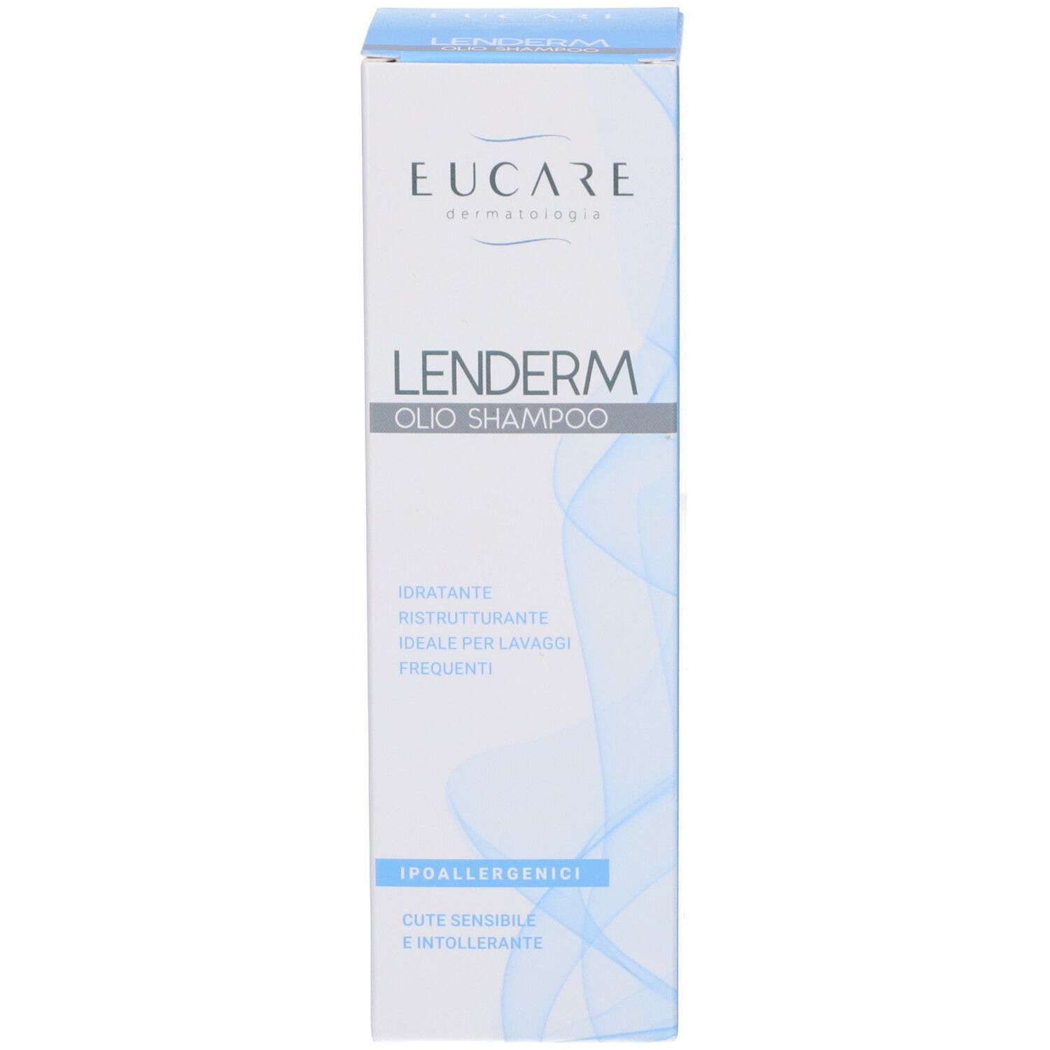 Confezione del prodotto. Scritta: Lenderm Olio Shampoo, Eucare. Testo in italiano e inglese. Scatola.