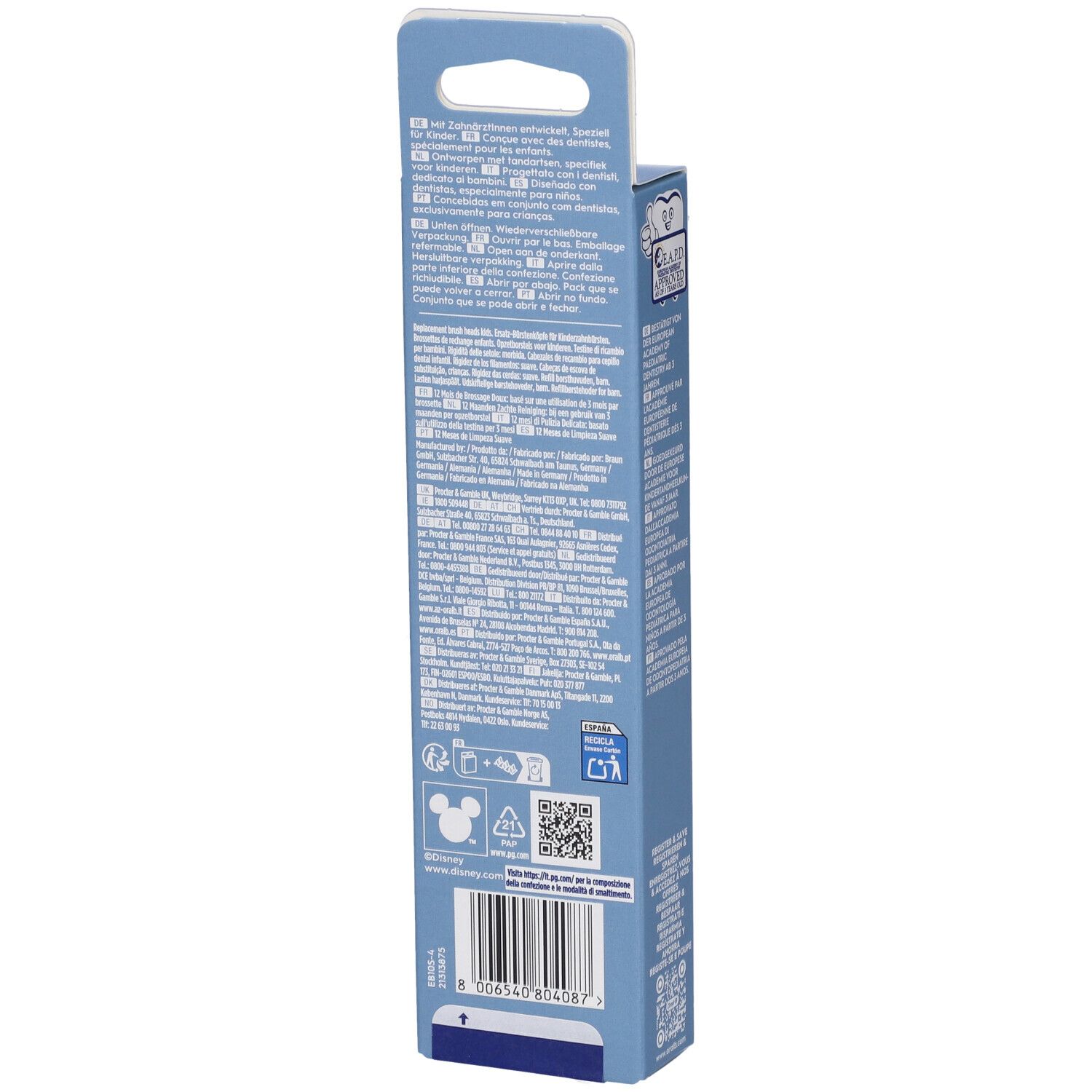 Testine Oral-B Pro Kids Frozen, confezione da 4. Vista laterale della confezione.
