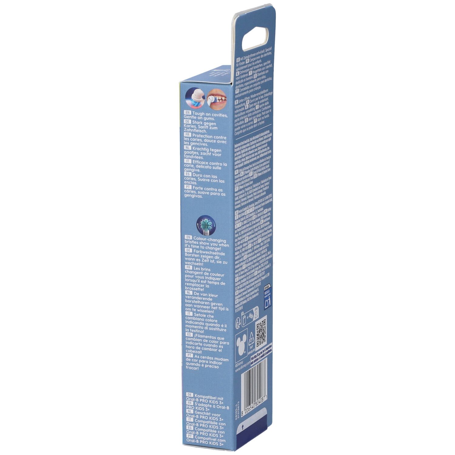 Testine Oral-B Pro Kids Frozen, confezione da 4. Vista laterale della confezione con testo.