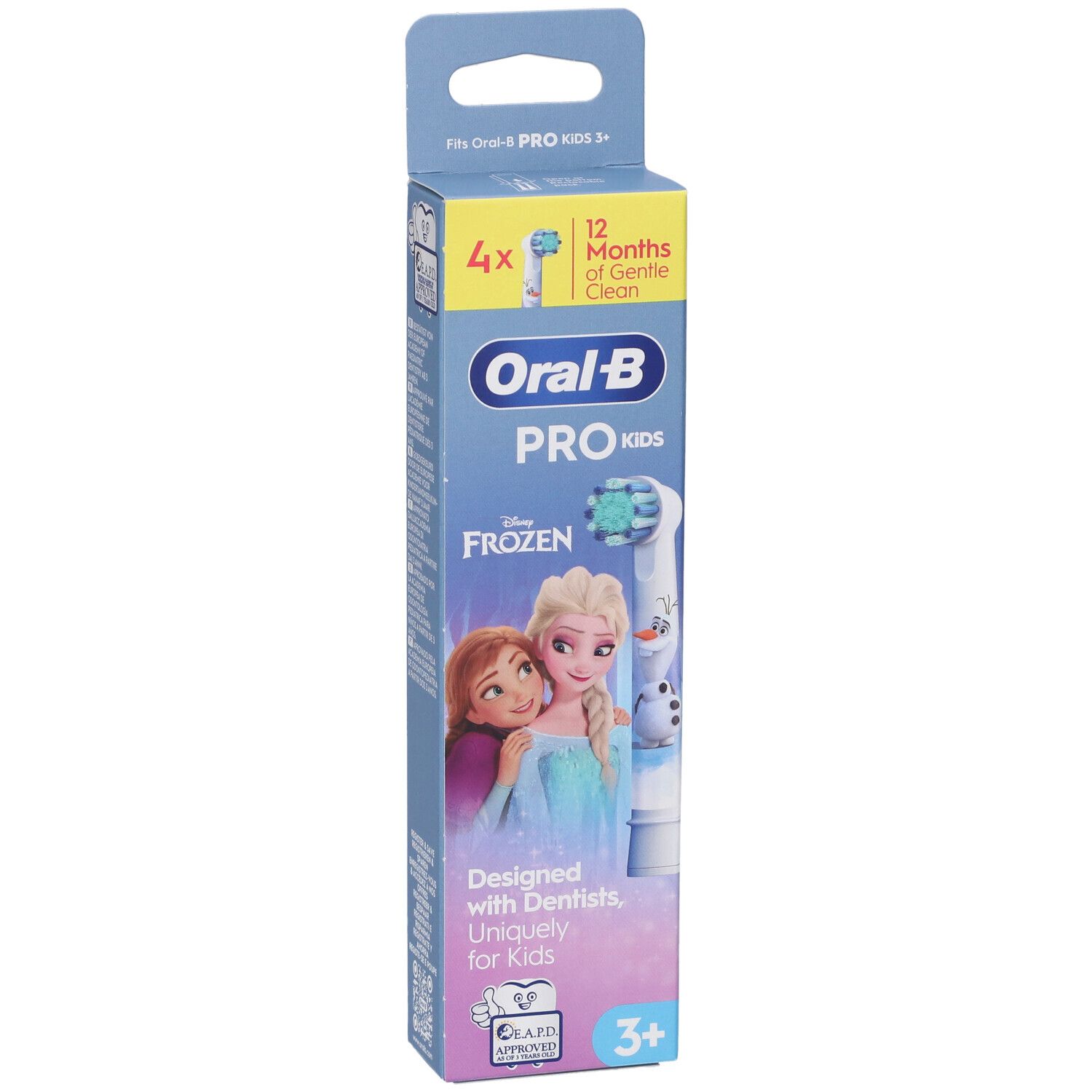 Testine Oral-B Pro Kids Frozen, confezione da 4. Fronte della confezione con Elsa e Anna.