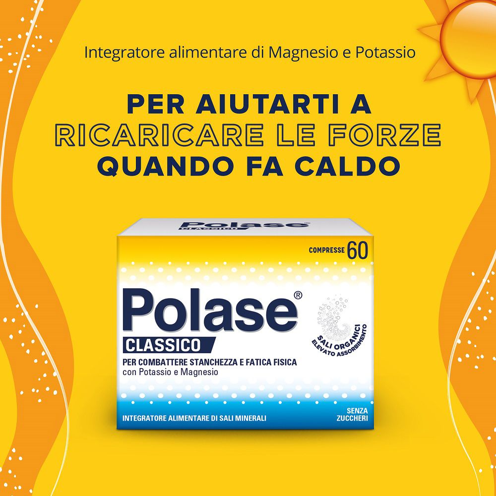 Sfondo giallo con scatola "Polase Classico". Testo: "Magnesio e Potassio". "Per aiutarti a ricaricare le forze".