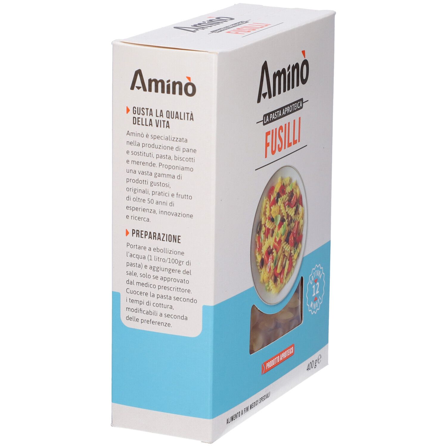 Confezione Aminò Fusilli. Testo e immagine di pasta. Colori blu e bianco. 400g. Prodotto Aproteico.