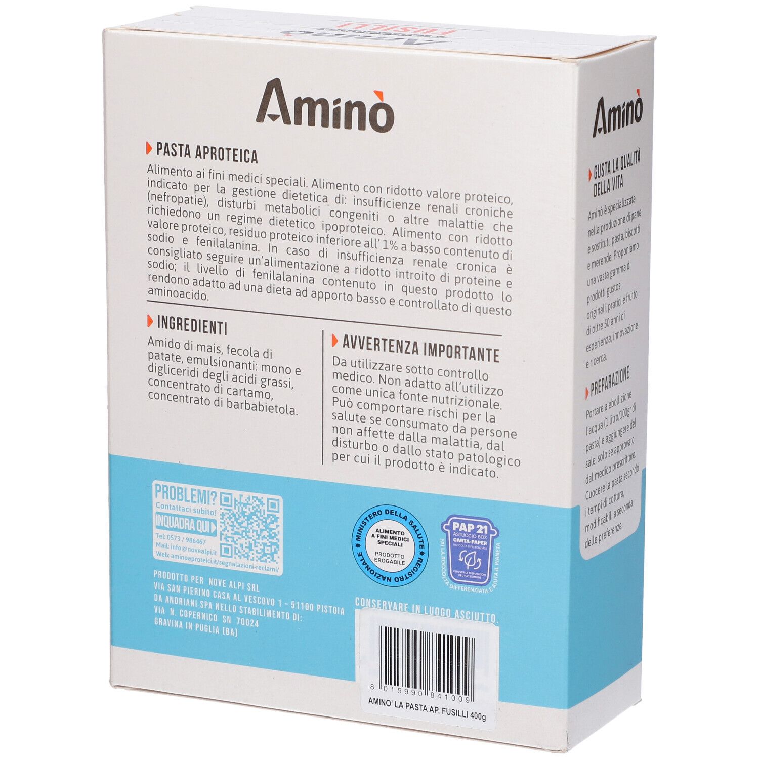 Retro confezione Aminò Fusilli. Testo in italiano. Colori blu e bianco. Prodotto Aproteico.