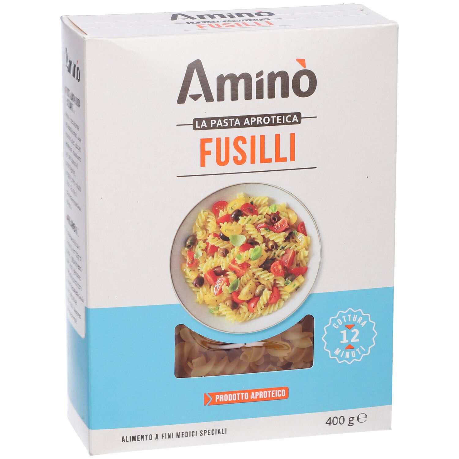Confezione Aminò Fusilli. Finestra con pasta e piatto. 400g. Scritto: Prodotto Aproteico. Cottura 12 minuti.