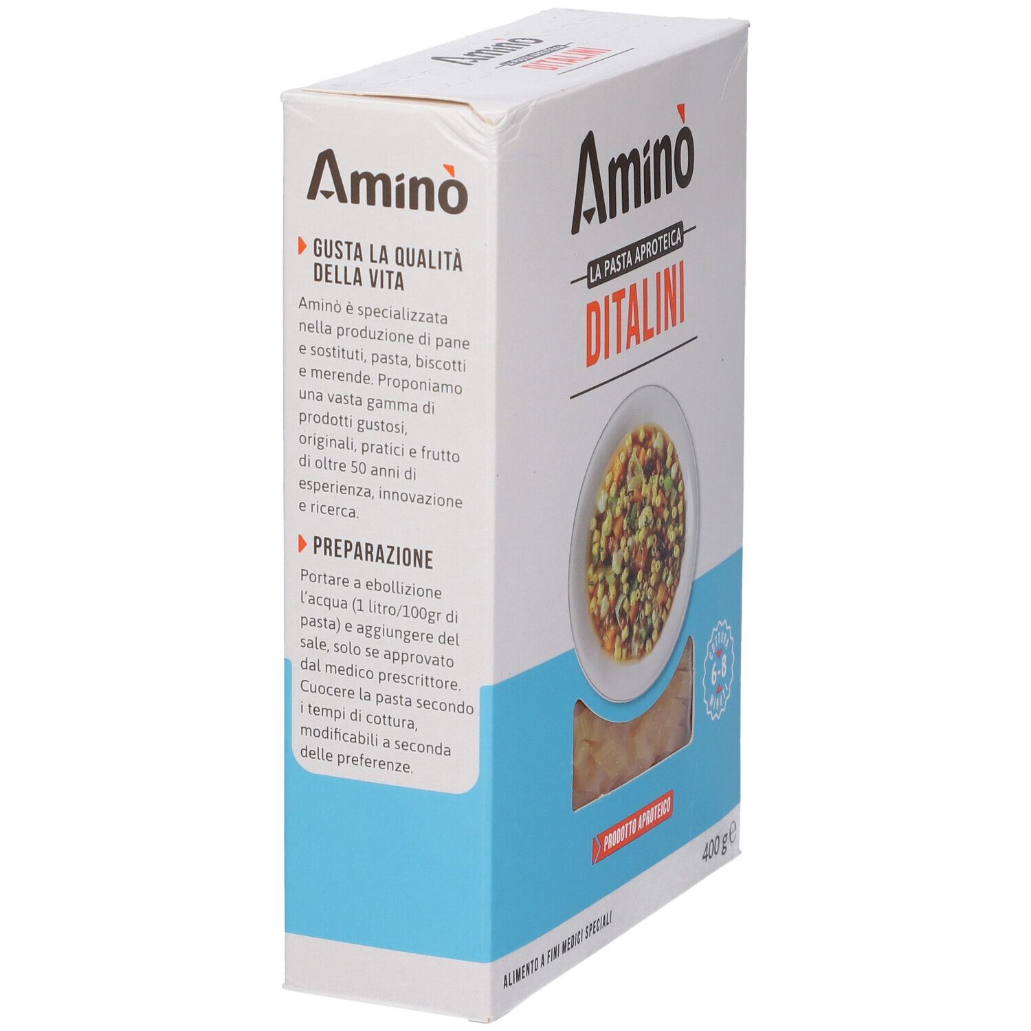 Confezione di Amino' La Pasta Aproteica Ditalini. Testo e informazioni sul prodotto. 400g.