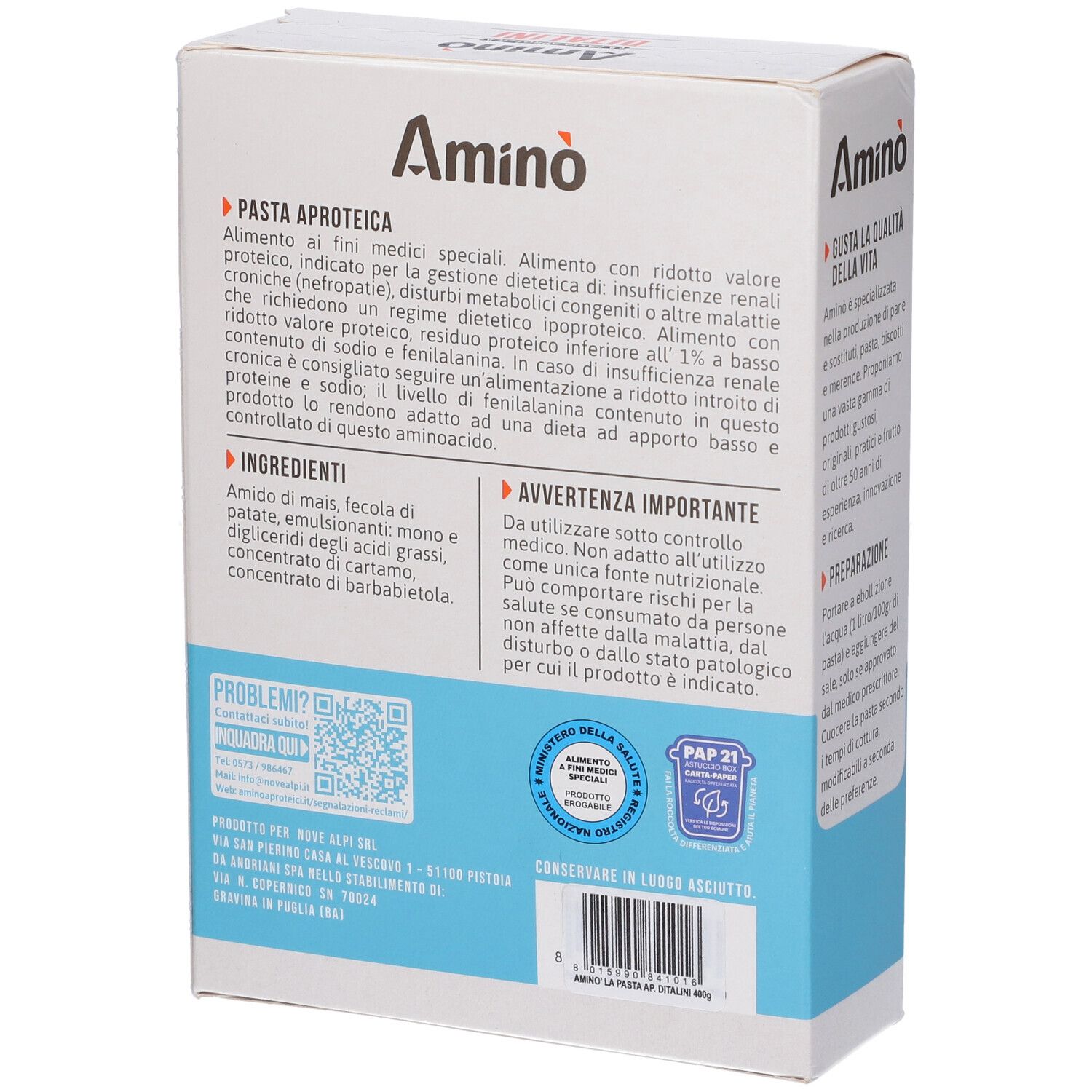 Retro della confezione di Amino' La Pasta Aproteica Ditalini. Contiene testo e informazioni.