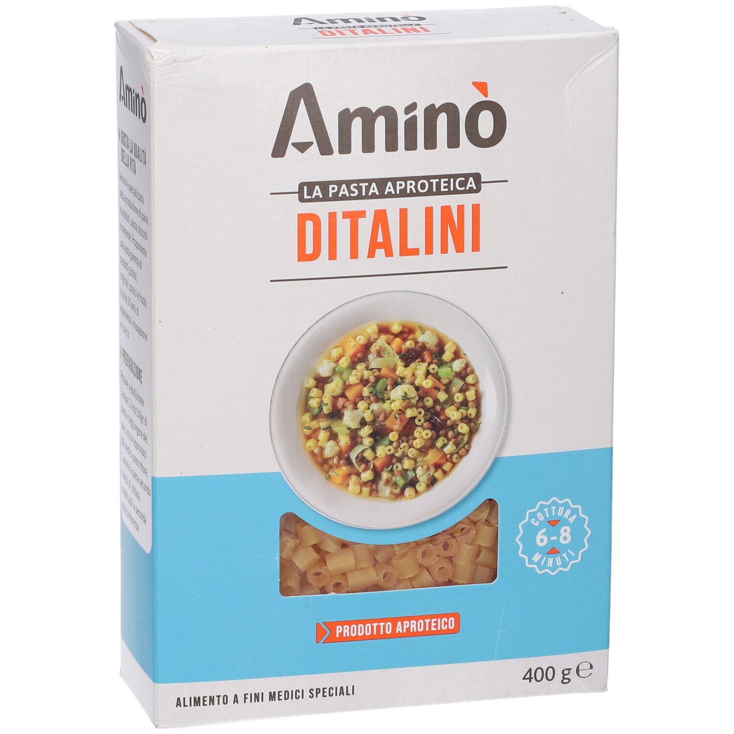 Confezione di Amino' La Pasta Aproteica Ditalini. Contiene pasta e informazioni sul prodotto. 400g.