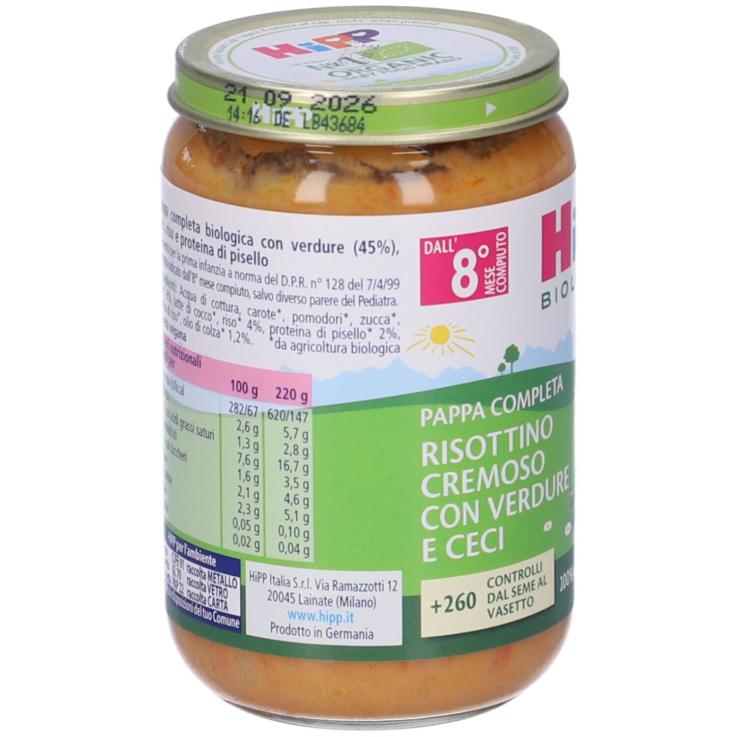 Retro di un vasetto di alimenti per l'infanzia. Ingredienti e valori nutrizionali. Marchio: HIPP BIOLOGICO.