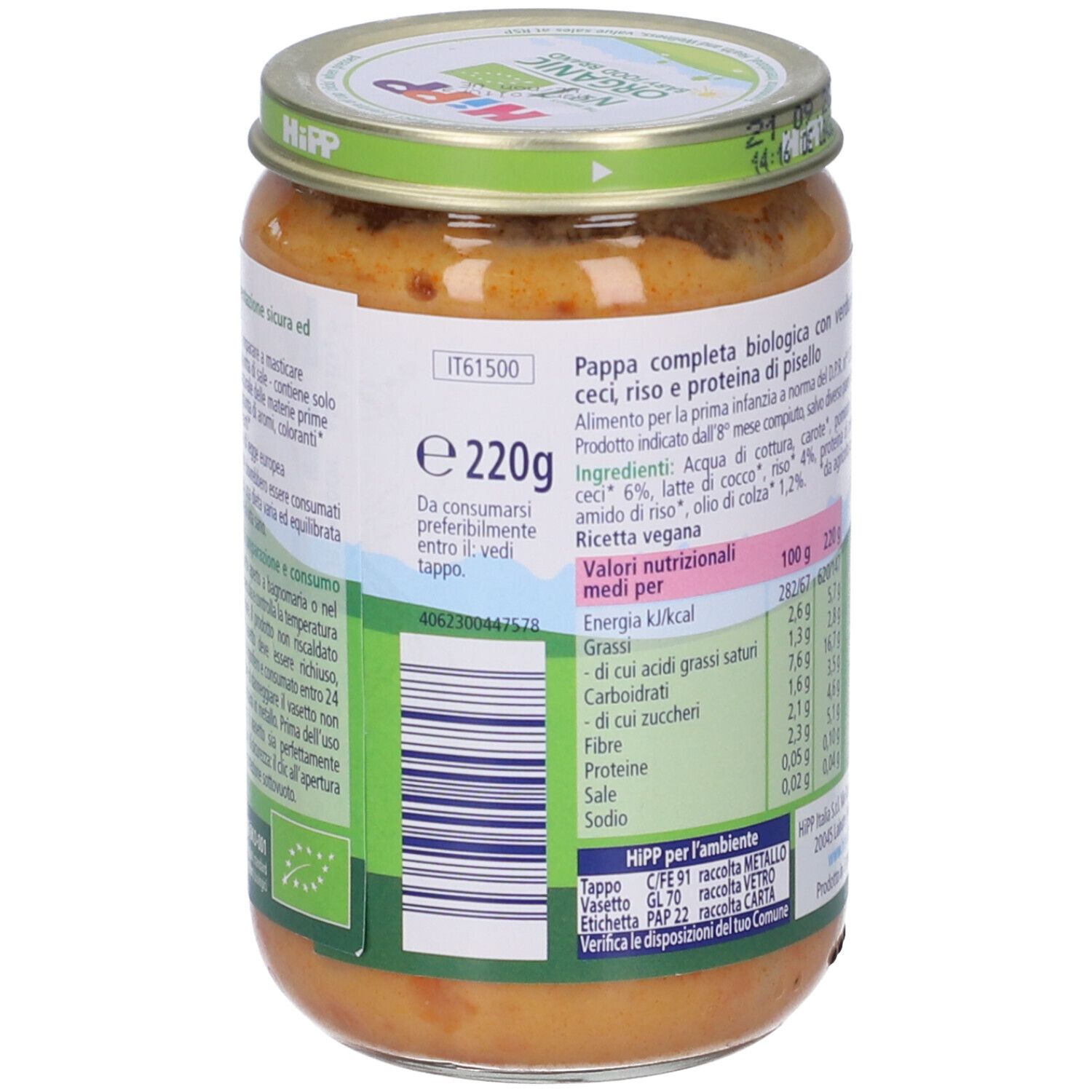 Retro di un vasetto di alimenti per l'infanzia. Ingredienti e valori nutrizionali. Marchio: HIPP BIOLOGICO.