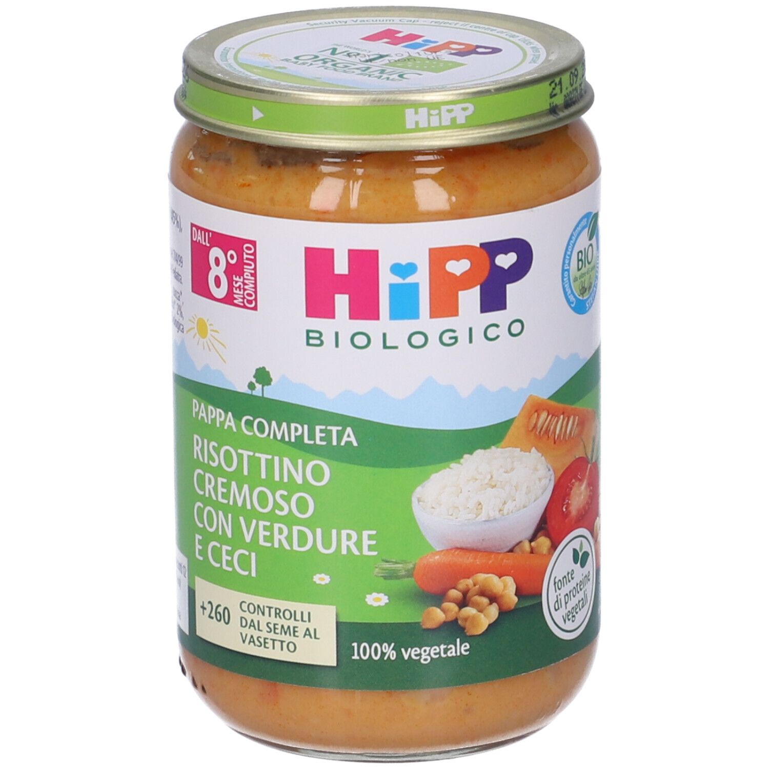 Vasetto di alimenti per l'infanzia. Scritta: HIPP BIOLOGICO, Risottino Cremoso Verdure Ceci. Sigillo bio.