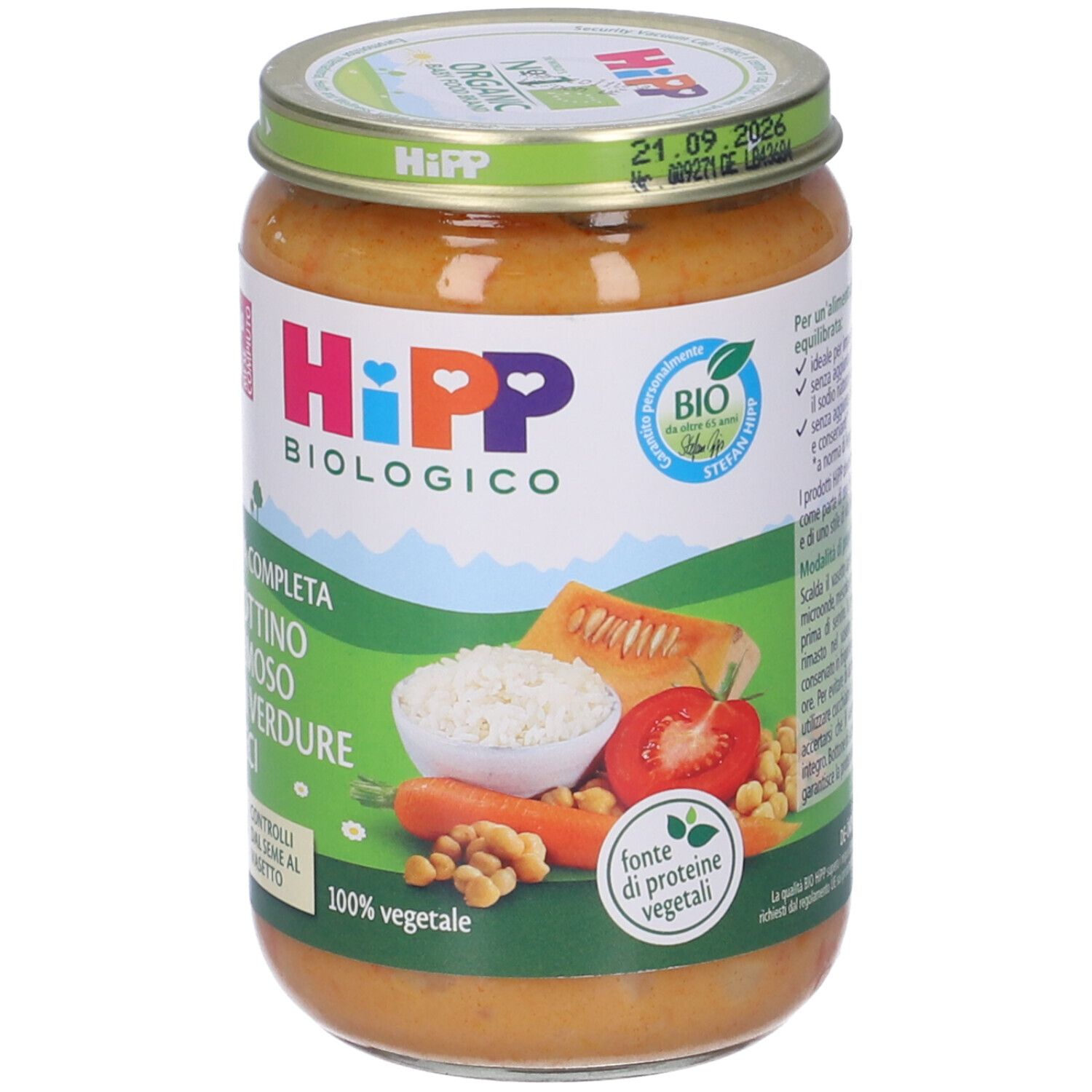 Vasetto di alimenti per l'infanzia. Scritta: HIPP BIOLOGICO, Risottino Cremoso Verdure Ceci. Sigillo bio.