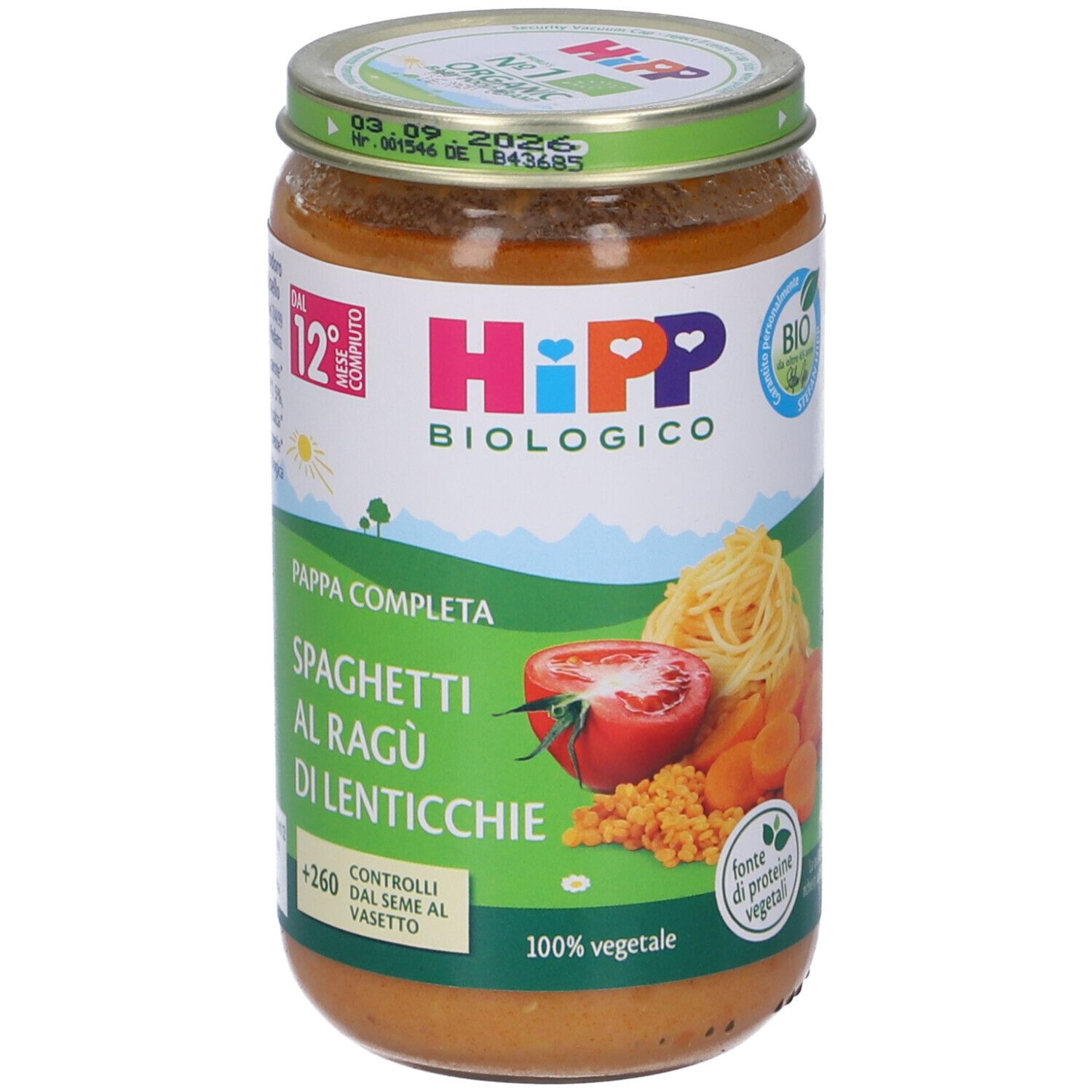 Retro del vasetto HiPP Biologico Pappa Completa. Lista ingredienti, valori nutrizionali e marchio bio visibili.