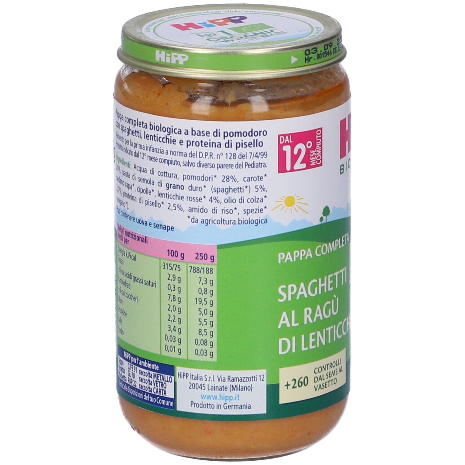 Retro del vasetto HiPP Biologico Pappa Completa. Lista ingredienti, valori nutrizionali e marchio bio visibili.