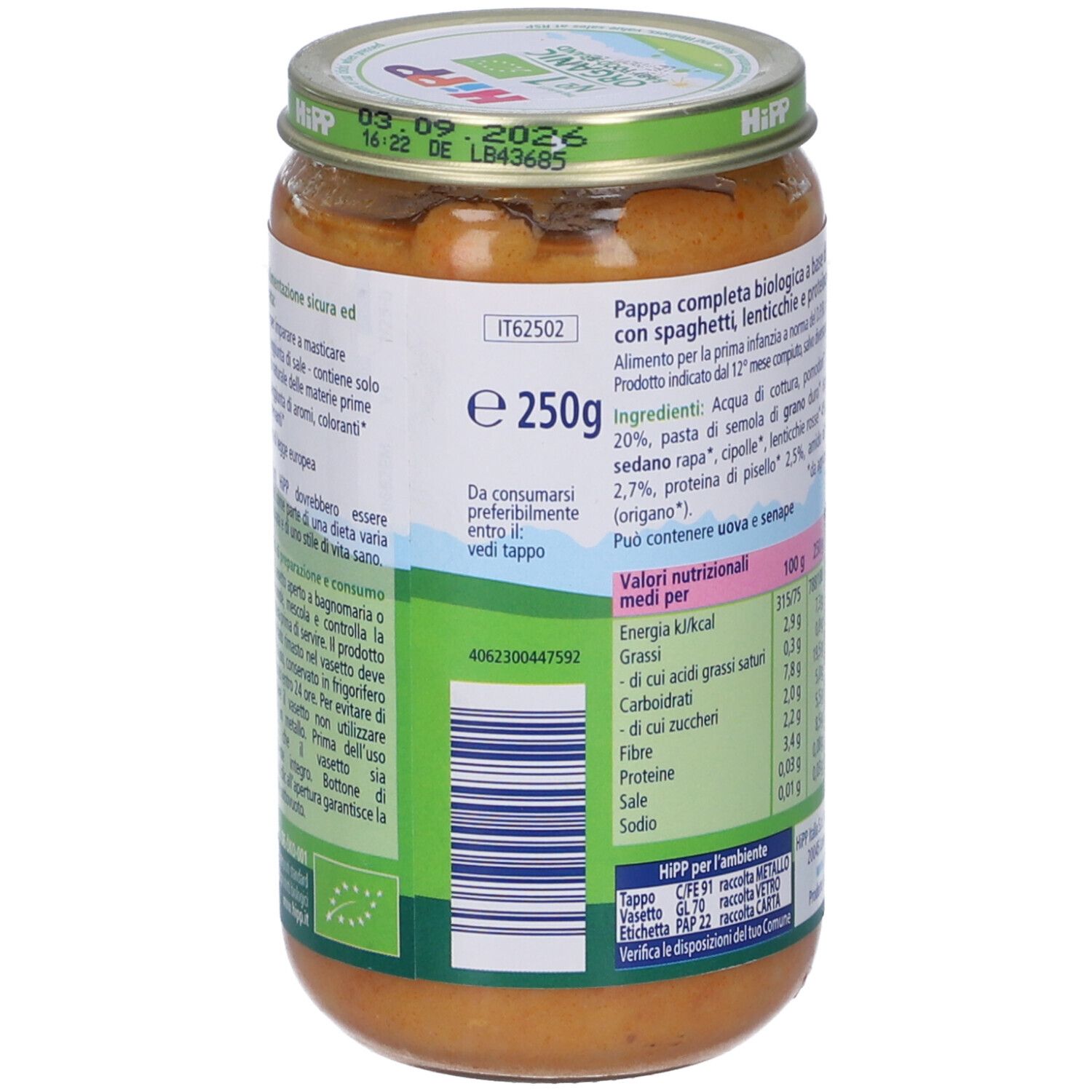 Vasetto HiPP Biologico Pappa Completa Spaghetti al Ragù di Lenticchie. Contiene 250g. Lista ingredienti e valori nutrizionali.