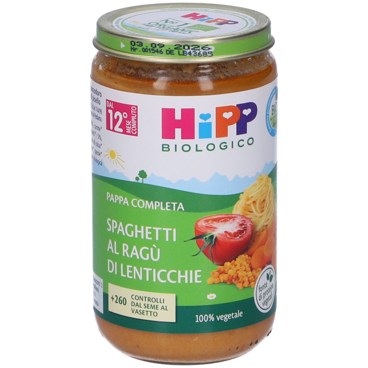Vasetto HiPP Biologico Pappa Completa Spaghetti al Ragù di Lenticchie. Contiene pomodori, carote, lenticchie e pasta. Marchio bio.