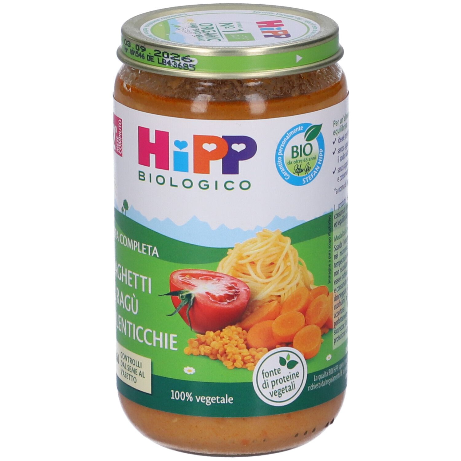 Vasetto HiPP Biologico Pappa Completa Spaghetti al Ragù di Lenticchie. Contiene pomodori, carote, lenticchie e pasta. Marchio bio.