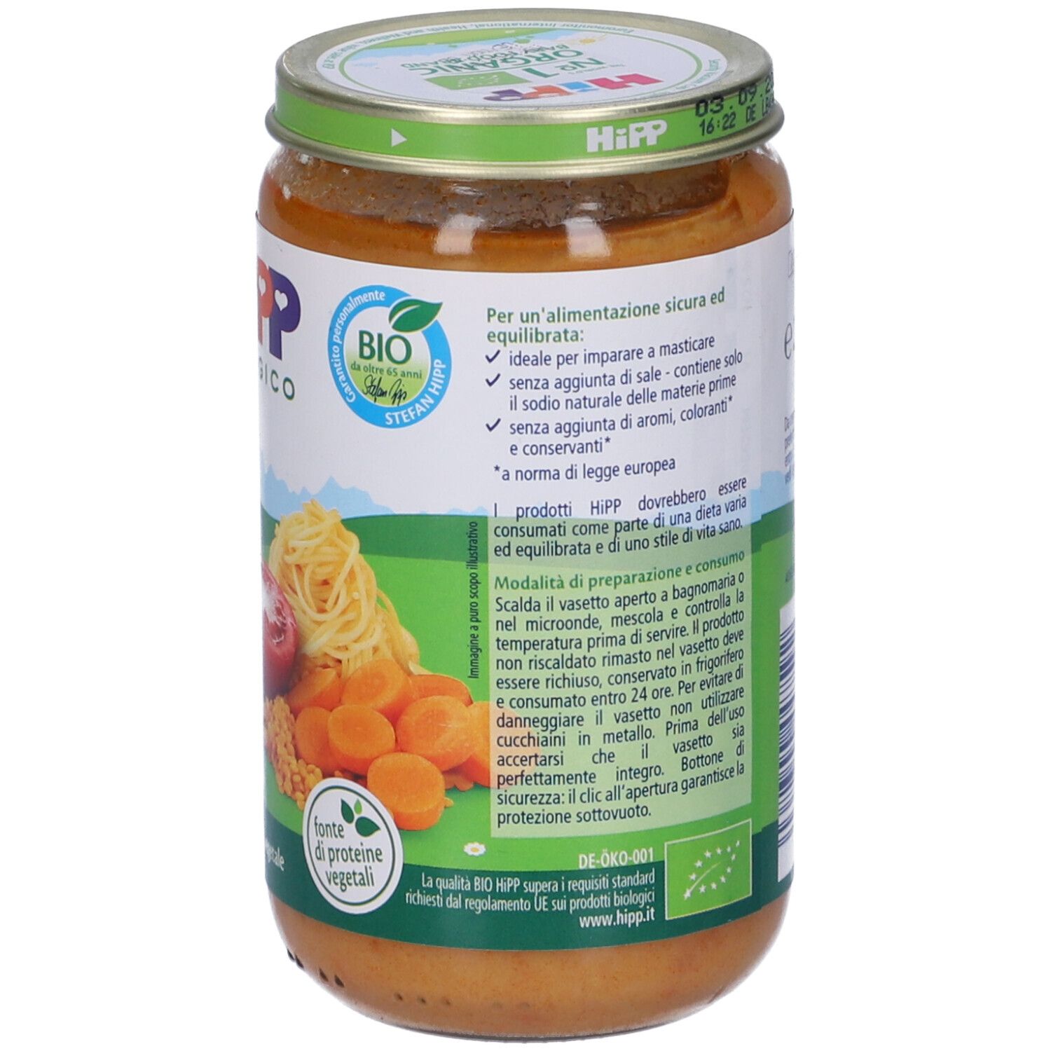 Retro del vasetto HiPP Biologico Pappa Completa. Istruzioni, marchio bio e ingredienti visibili.